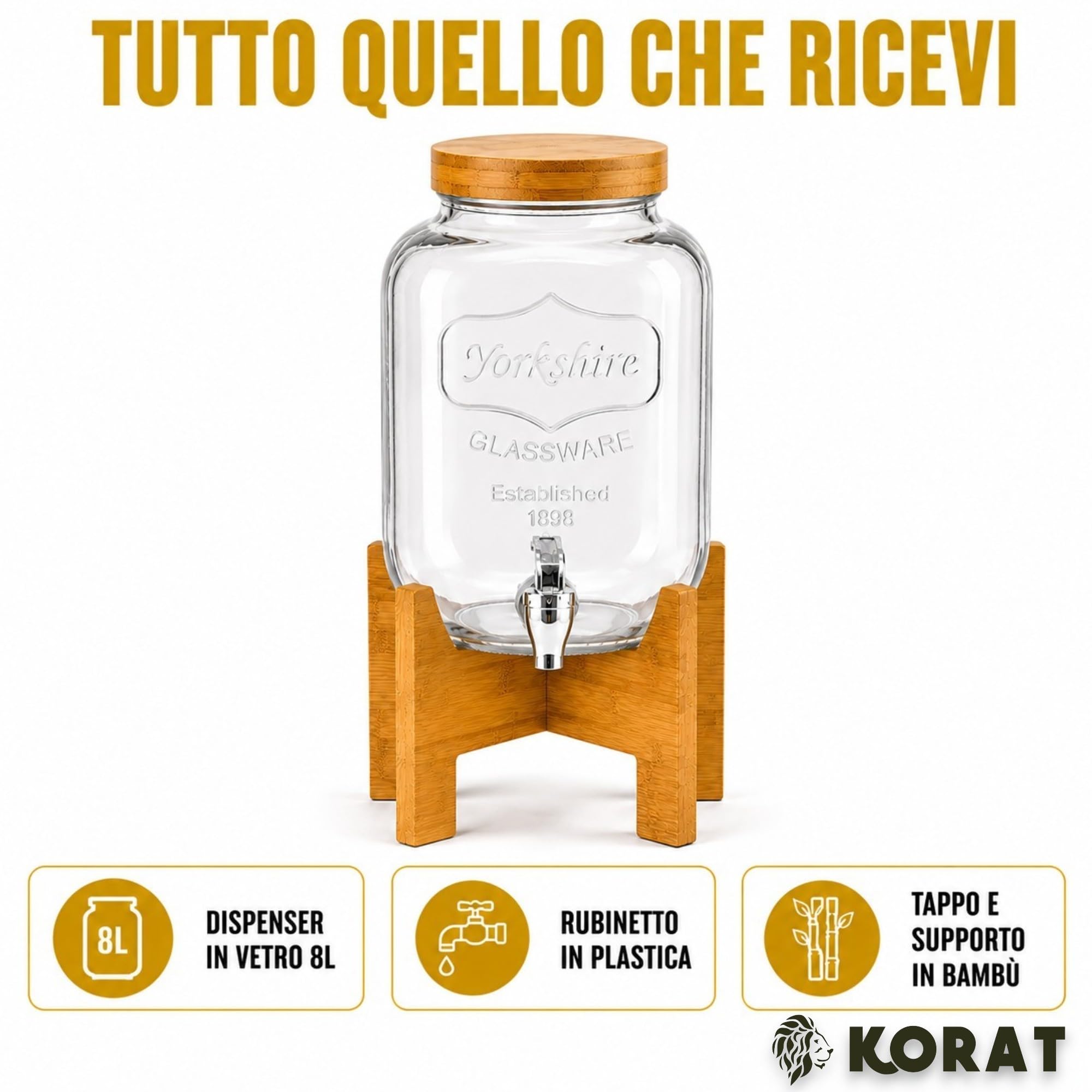 KORAT - Dispenser Bevande in Vetro con Rubinetto e Supporto in Bambù, Contenitore per Acqua, Limonata, Cocktail e Succhi, Tappo Ermetico, 8 LT - 18x24x44 Cm