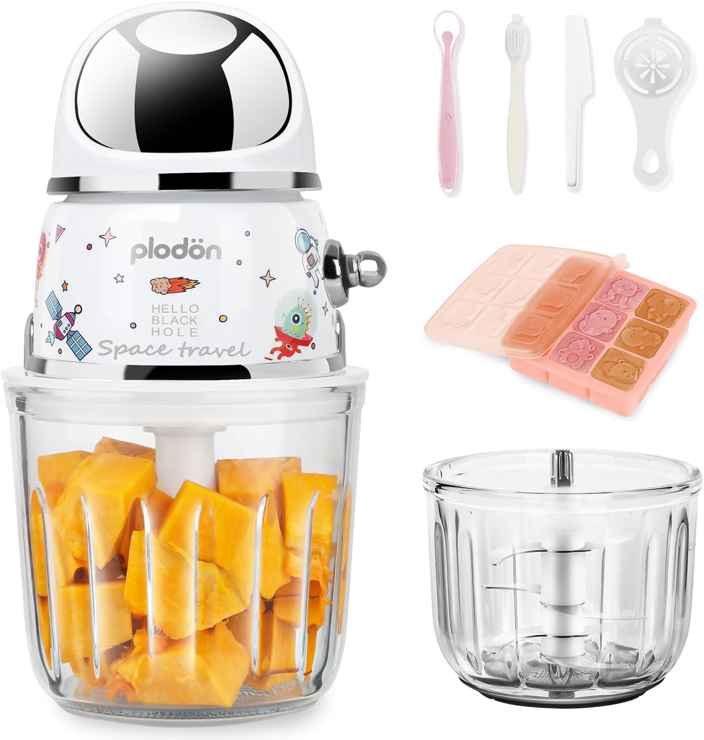 Plodon - Mini procesador de alimentos para bebés, lindo y pequeño, licuadora, trituradora, picadora, recipiente de vidrio de 1/2 tazas con 6 cuchillas, eléctrico Spaceman blanco