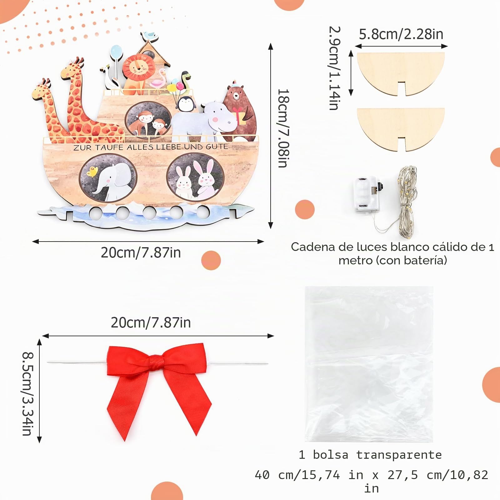 Barco de Madera con Luces, Regalo de Bautismo del Arca de Noé de Madera, con Base, Cinta Roja, para Niñas y Niños comunión o Como pieza Decorativa