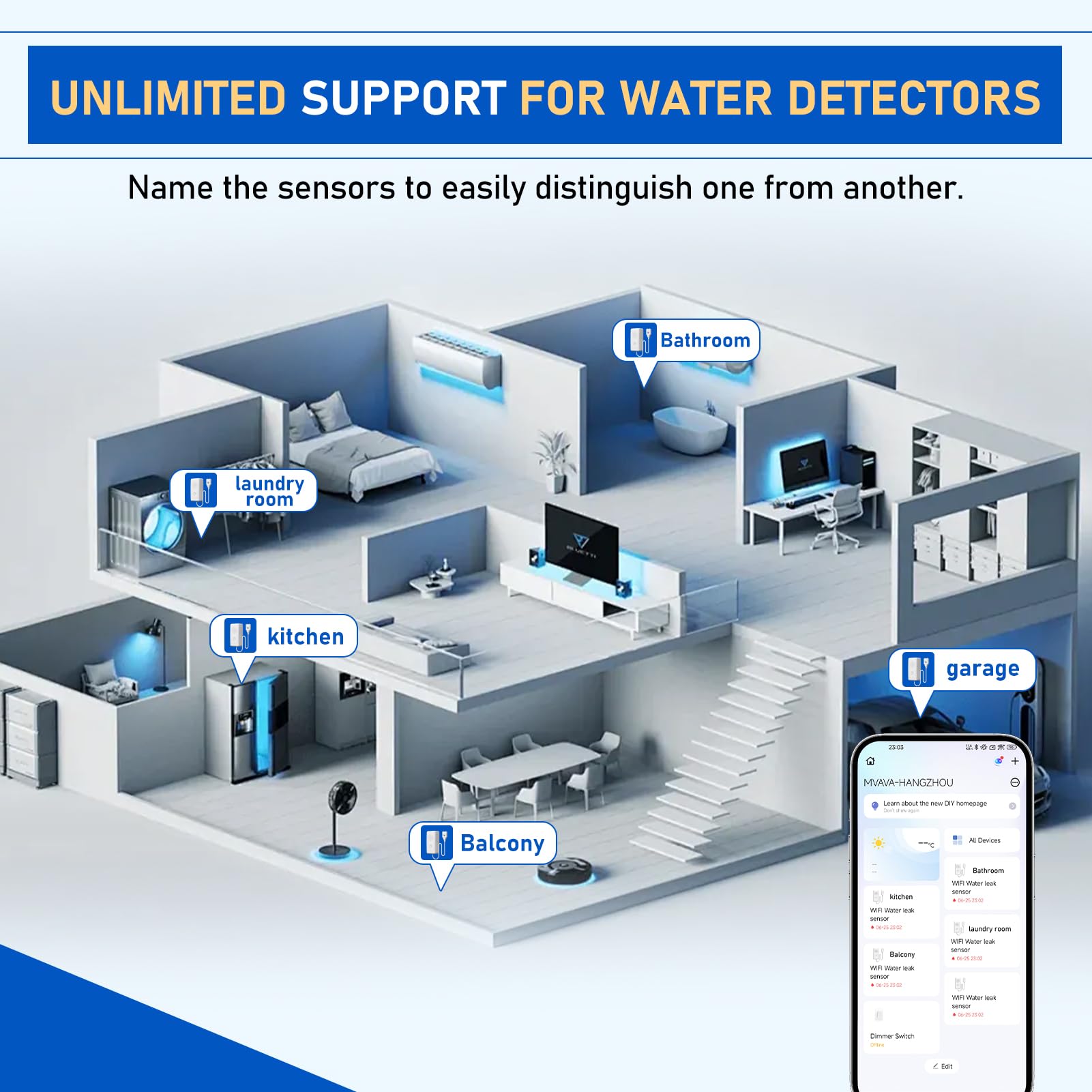BSEED Allarme Acqua Smart, Nessun Hub Richiesto, Sensore Acqua Wi-Fi con Notifica a Distanza, Impermeabile IP65, Controllo tramite App Smart Life/Tuya, 5 Pezzo