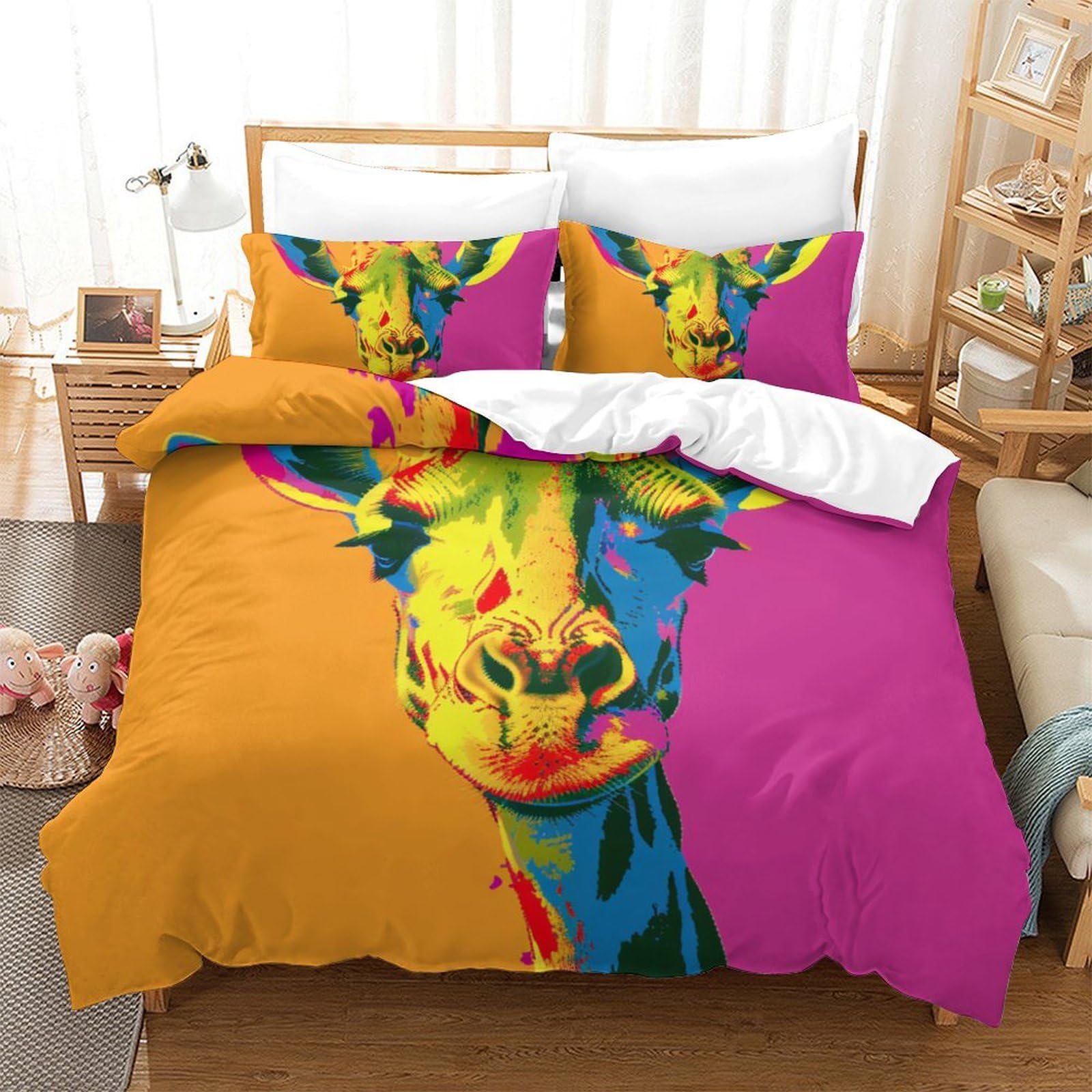 Housse de couette girafe 3D colorée parure de lit 220x240 cm microfibre grand lit