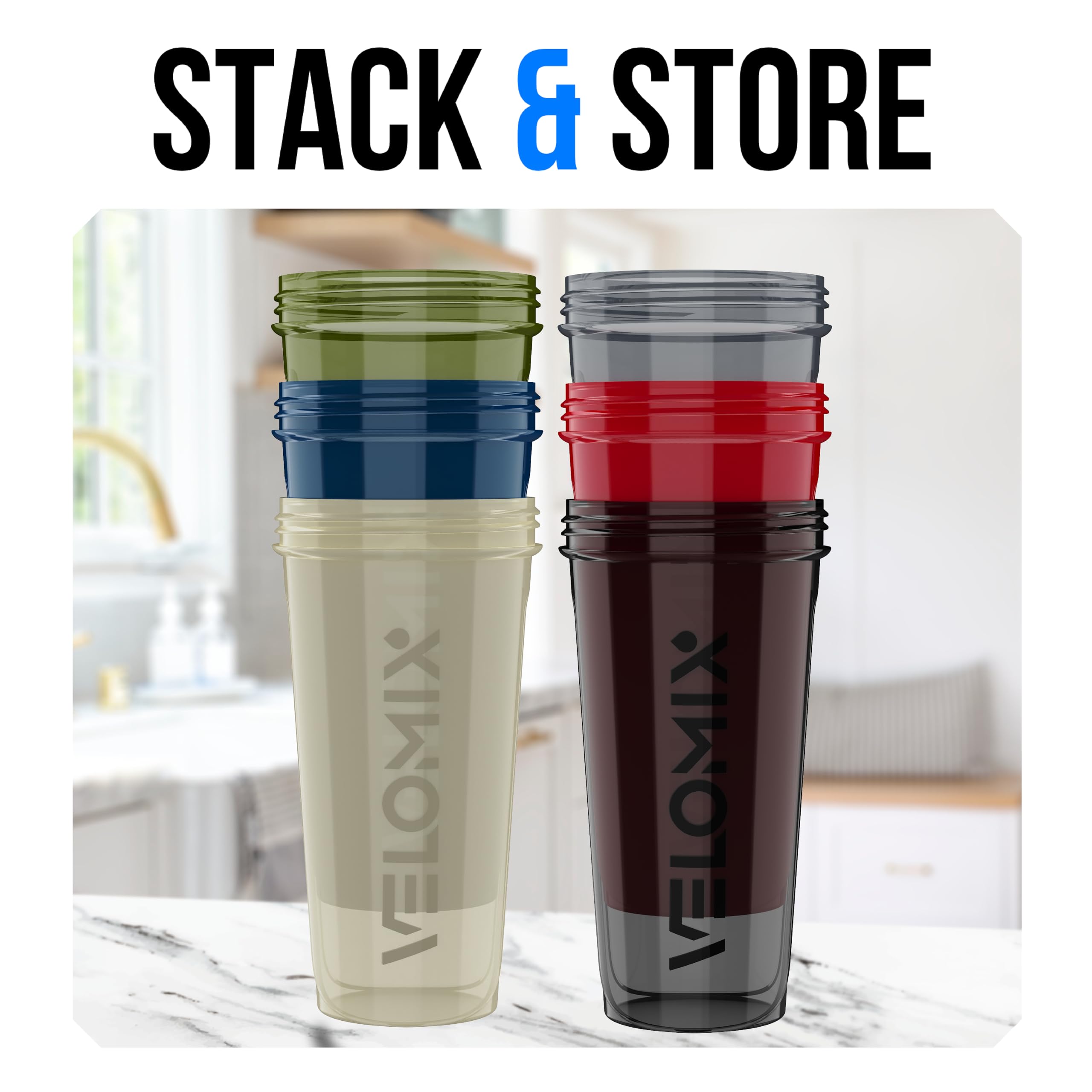 VELOMIX Vasos mezcladores 6 en 1 ASIN11 para mezclas de proteínas, paquete de 6, vasos mezcladores para batidos de proteínas, 28 onzas, 6 batidores de alambre, botella mezcladora de proteínas a prueba