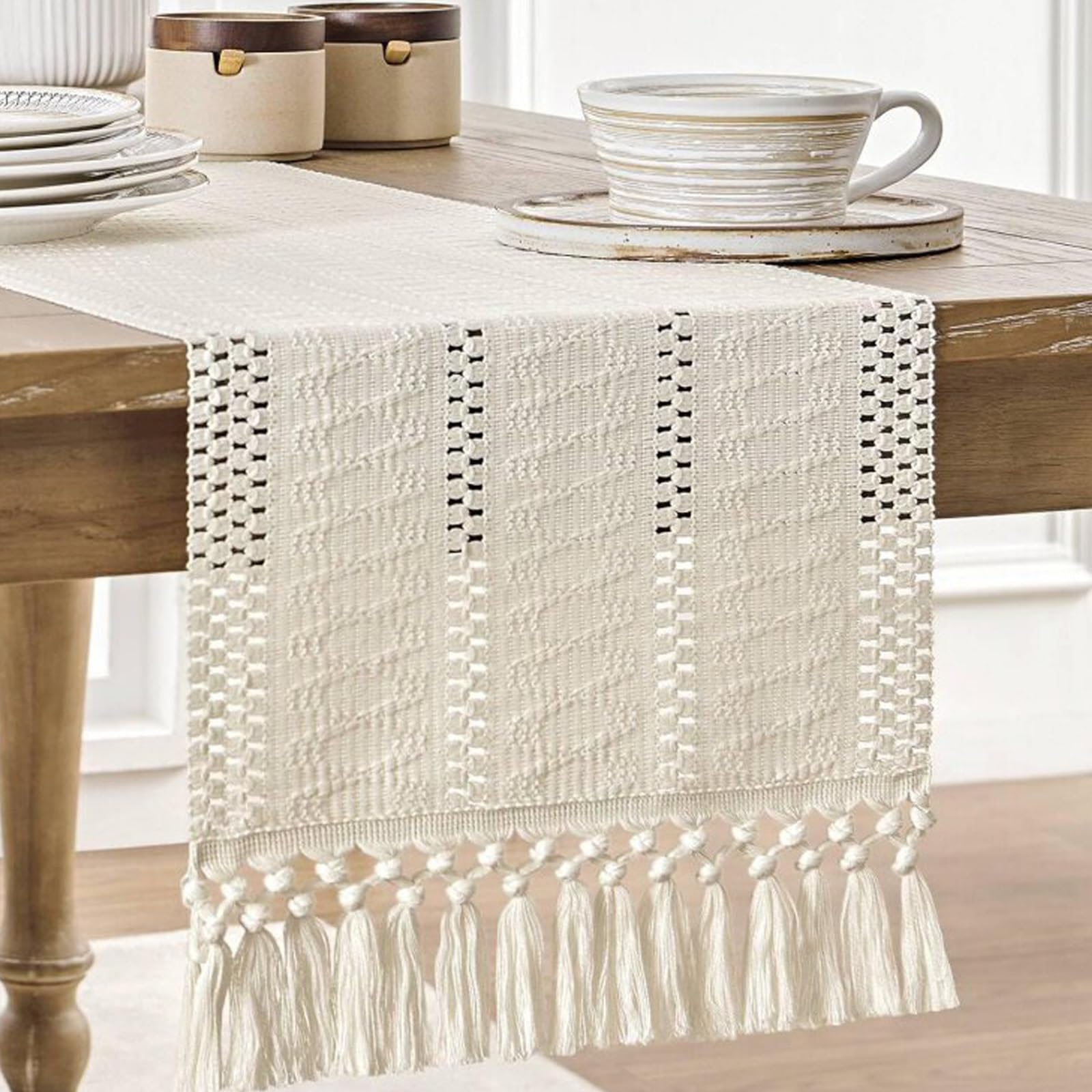 Handmade Knotted Tassel Cotton Linen Table Runner, Hollow Woven Farmhouse Decorative Long Table Runner, for Dining Table, TV Stand, Coffee Table(Ivory white,300cm/118.1in)