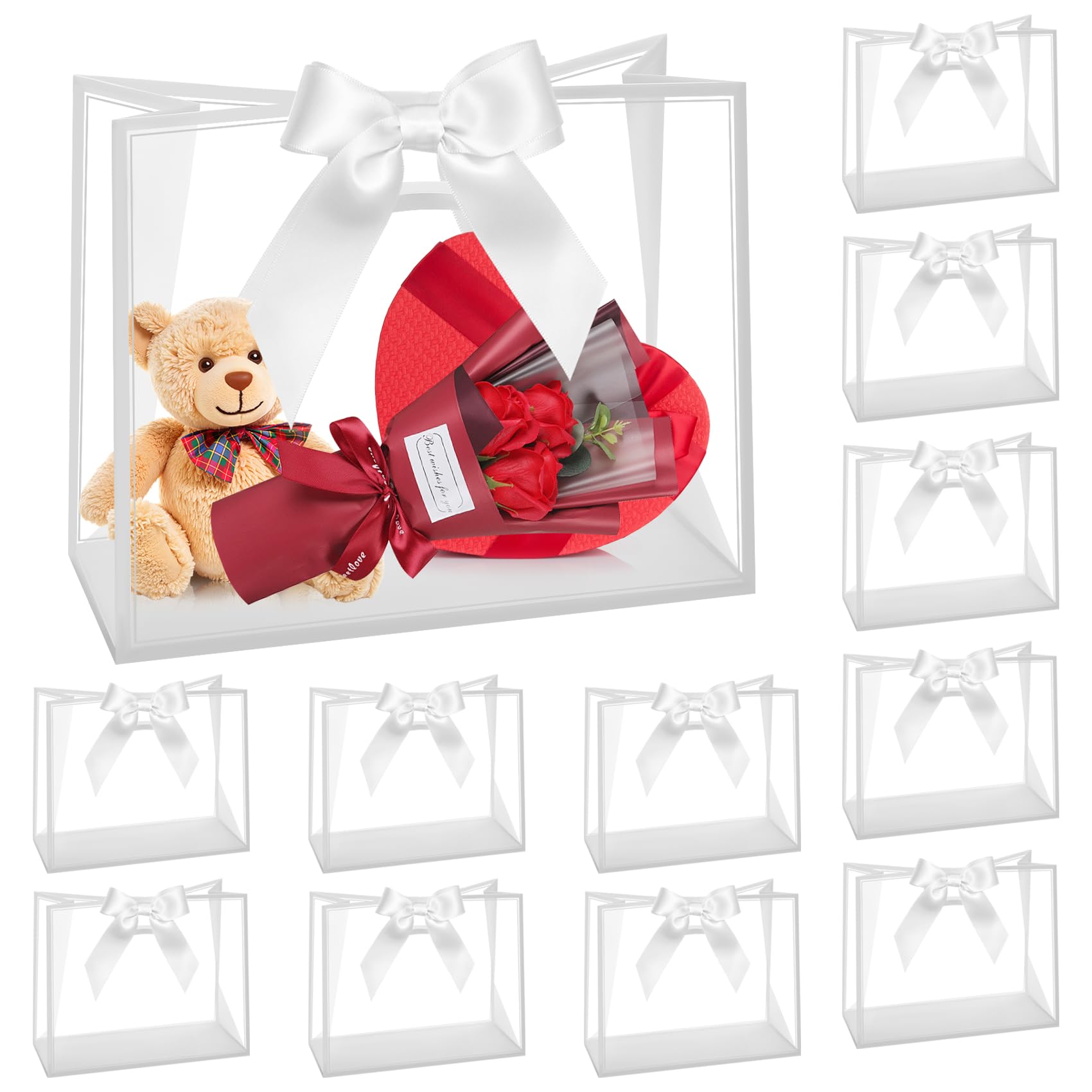 Clear Gift Bags with Handle, 12 PCS PVC Gift Bag with Ribbon Bow for Christmas Easter Wedding Baby Shower Birthday Party