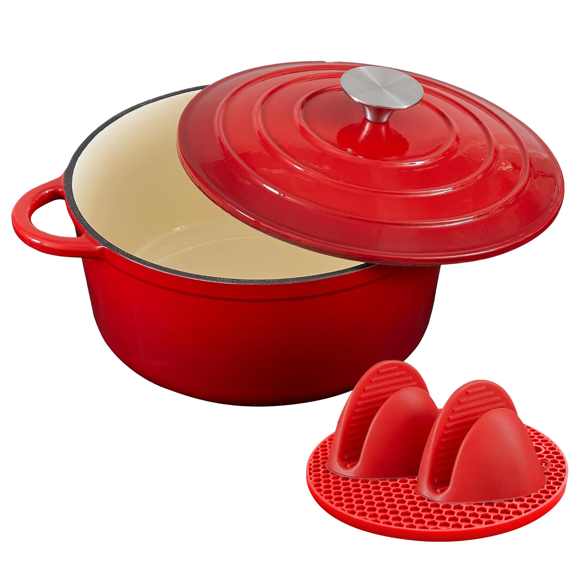 Nilpferd Gusseisen Topf Schmortopf 26cm Emaille Bräter mit Deckel Topflappen, Kasserollen Bratentopf brot backen für Backen Schmoren Braten Incl.1 Paar Silikon Ofenhandschuhe&Topfuntersetzer (Rot,5L)