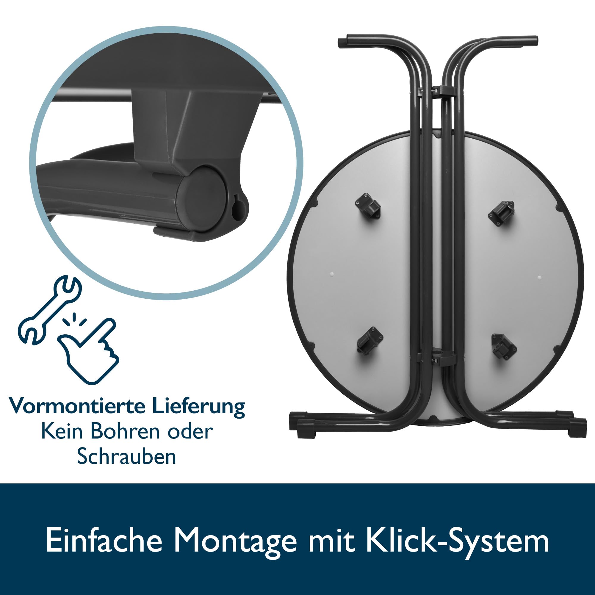 Beautissu Grauer Stehtisch klappbar 60 cm mit Premium Stehtischhusse Anthrazit & Schleifenband – Wetterbeständig Outdoor Bistrotisch rund Kratzfest UV-beständig – Husse rutschfest waschbar – Bellini