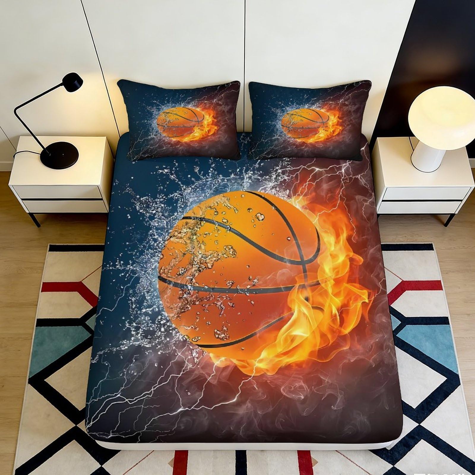 3D Printed Fire Basketball Fitted Sheet Microfiber Breathable Water Splash Bed Cover for Bedroom Dorm Decor 90x200x25cm
