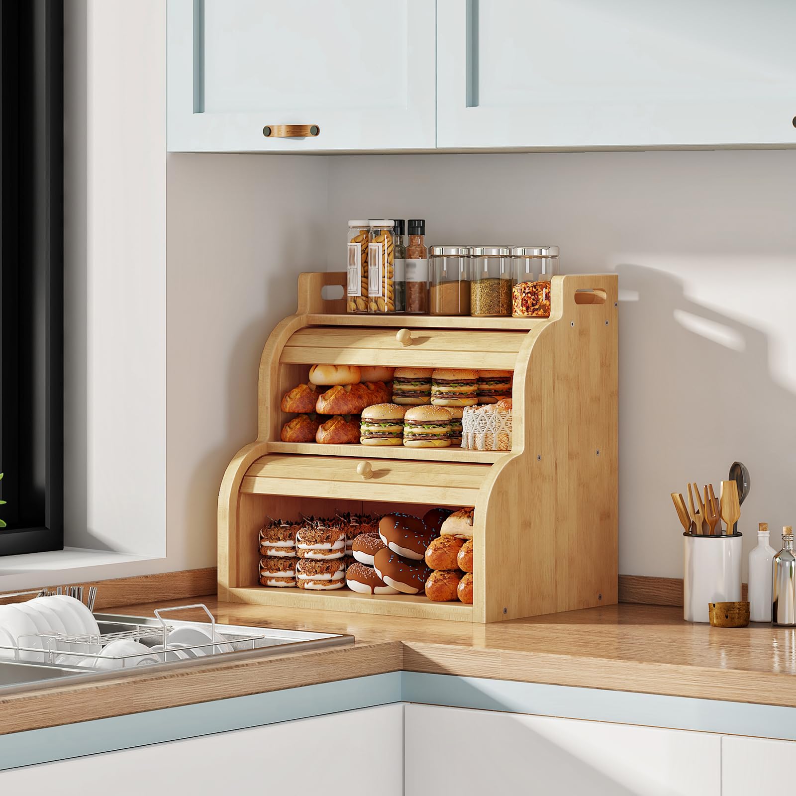 HOOBRO 2-stöckiger Brotkasten aus Bambus mit Rolldeckel, Brotkorb, Brotbox, Brotbehälter mit Griffen, Brotaufbewahrung für Küche und Esszimmer, Natur EYL15MB01