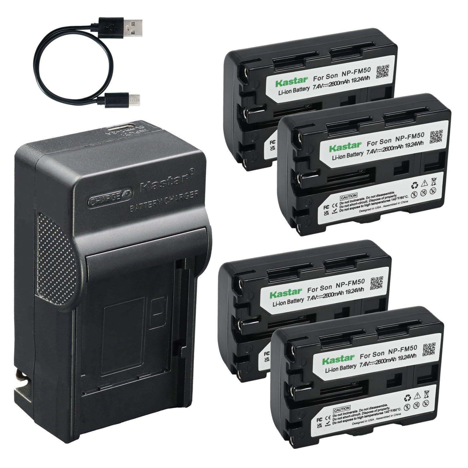 Kastar 4-Pack Battery and AC &amp; USB-C Charger, Compatible with Sony NP-FM30 NP-FM40 NP-FM50 NP-FM55H NP-FM60 NP-QM50 and Sony CCD-TRV108 218 250 328 DCR-TRV22 33 40 60 70 80 PC100 PC120 DSC-F707 F717