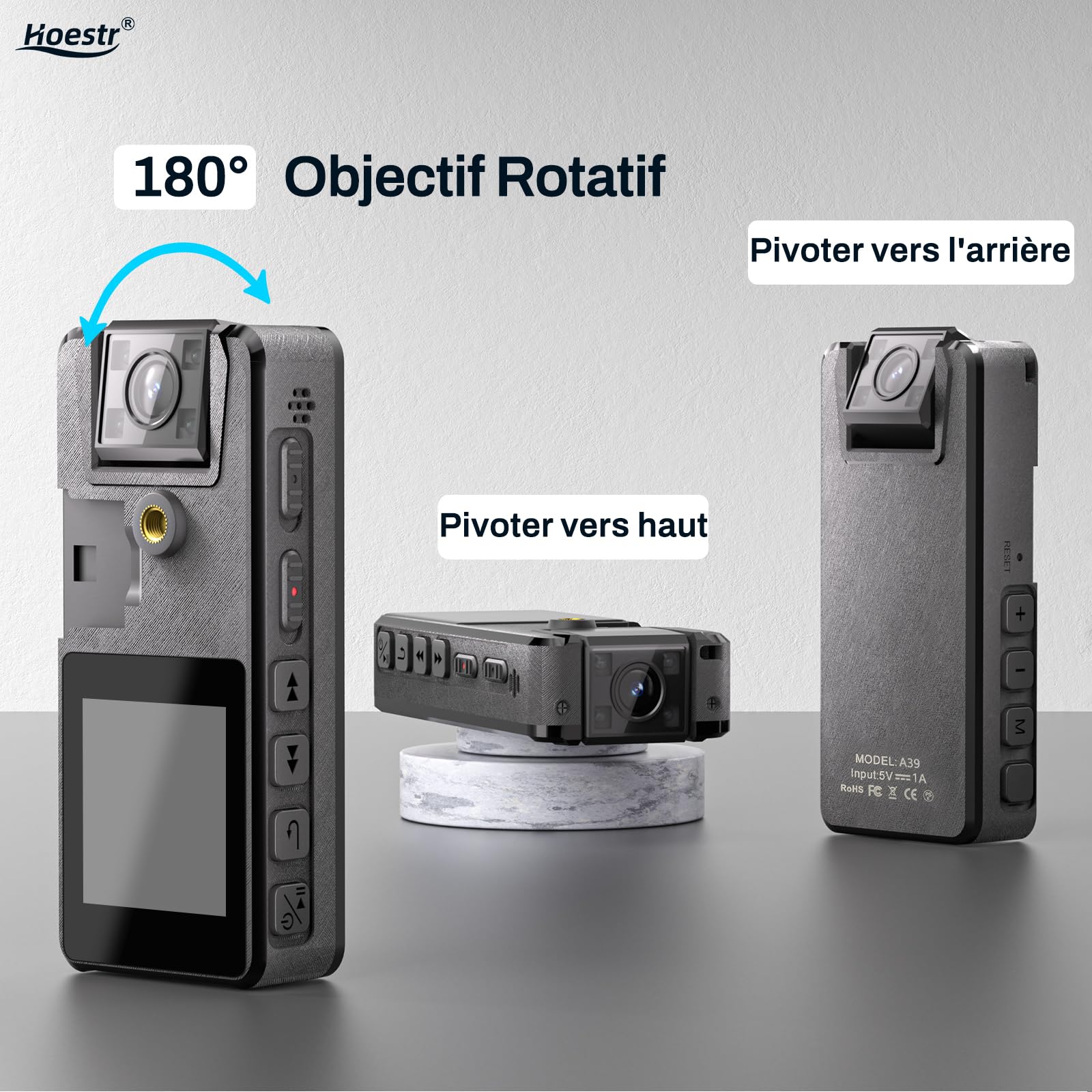 64GB Caméra de Corps, 1296P HD Caméra Corporelle (3000mAh) avec Vision Nocturne IR et Objectif Pivotant à 180°, Caméscope avec Audio et Vidéo Idéales pour Civils, Police Forces de L'ordre