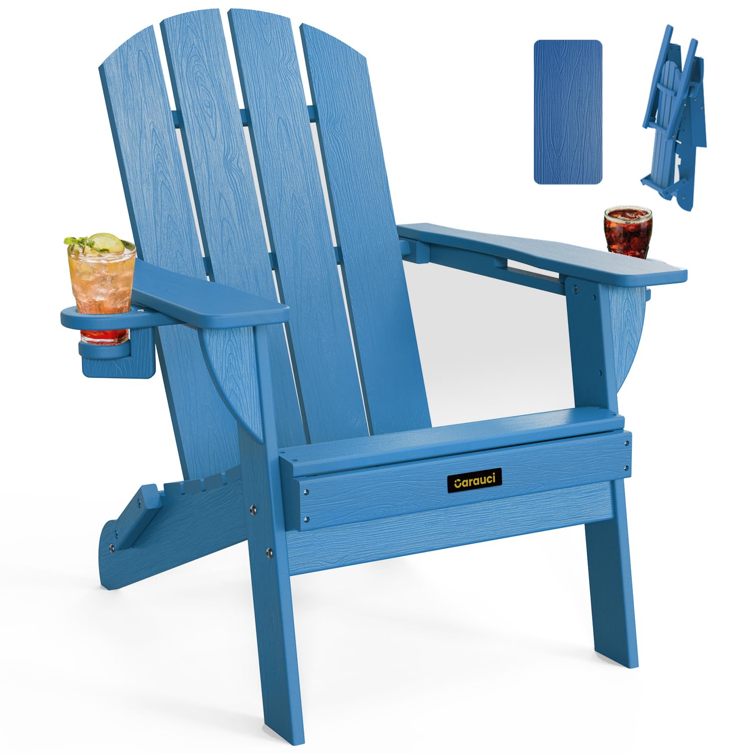 Folding Adirondack Chair, Wooden Textured Plastic Adirondack Chairs with 2 Cup Holder, Weather Resistant HDPE Fire Pit Chair, Outdoor Patio Chairs for Garden, Backyard, Lawn, Deck, 380LBS, Blue