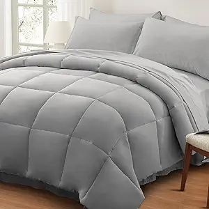 Anluoer Queen Comforter Set 7 Piece, Light Grey Bed in a Bag with Sheets, Comforters Queen Size Bedding Sets with 1 Comforter, 2 Pillow Shams, 2 Pillowcases, 1 Flat Sheet,1 Fitted Sheet