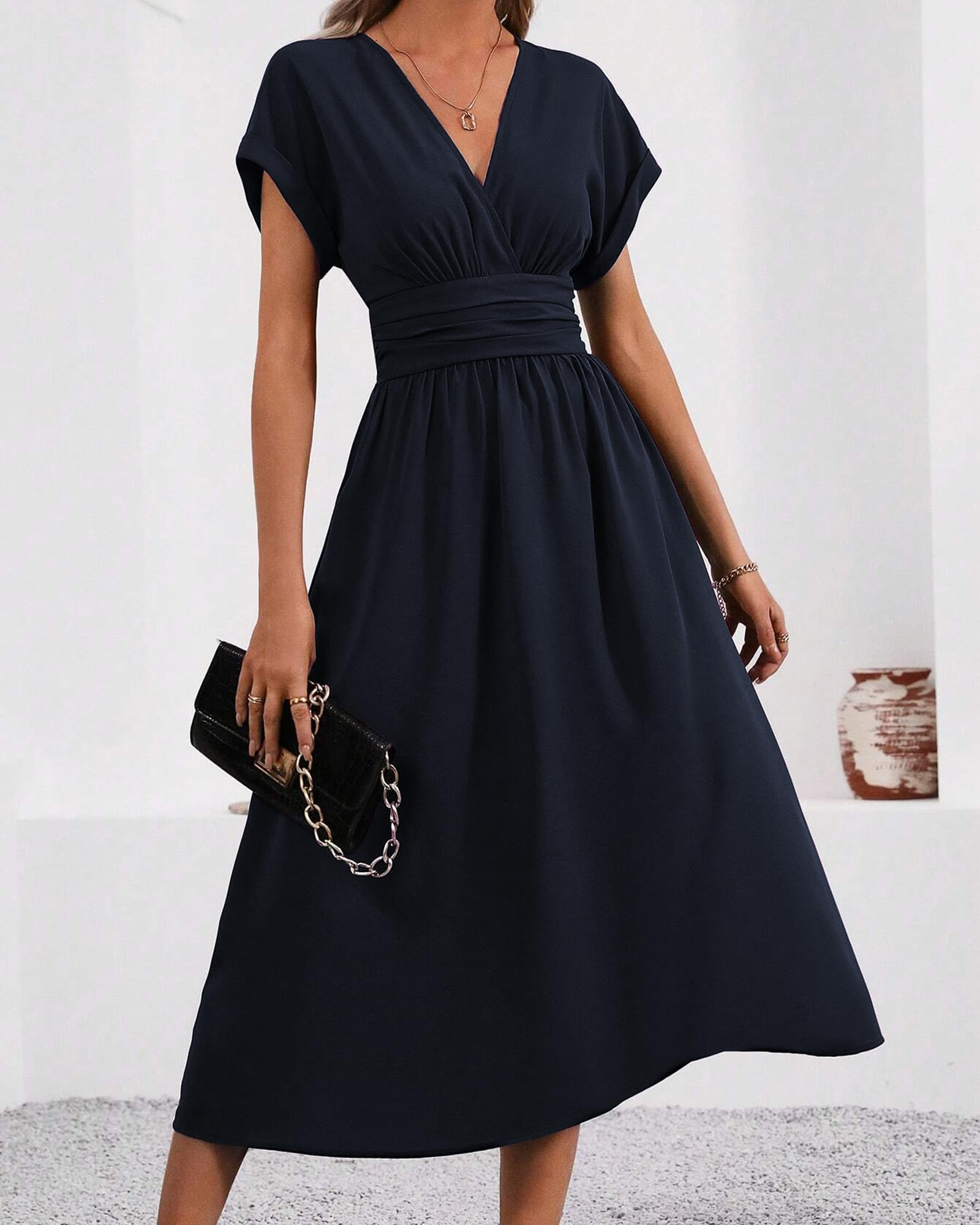 LIAMERHE Damen Langarm/Kurzarm V-Ausschnitt Sommer/Winter Elegant Lang Kleider Herbst Freizeitkleider Plissee Hohe Taille Lässiges Kleid Boho Stil A-Linie Strandkleid Frühling