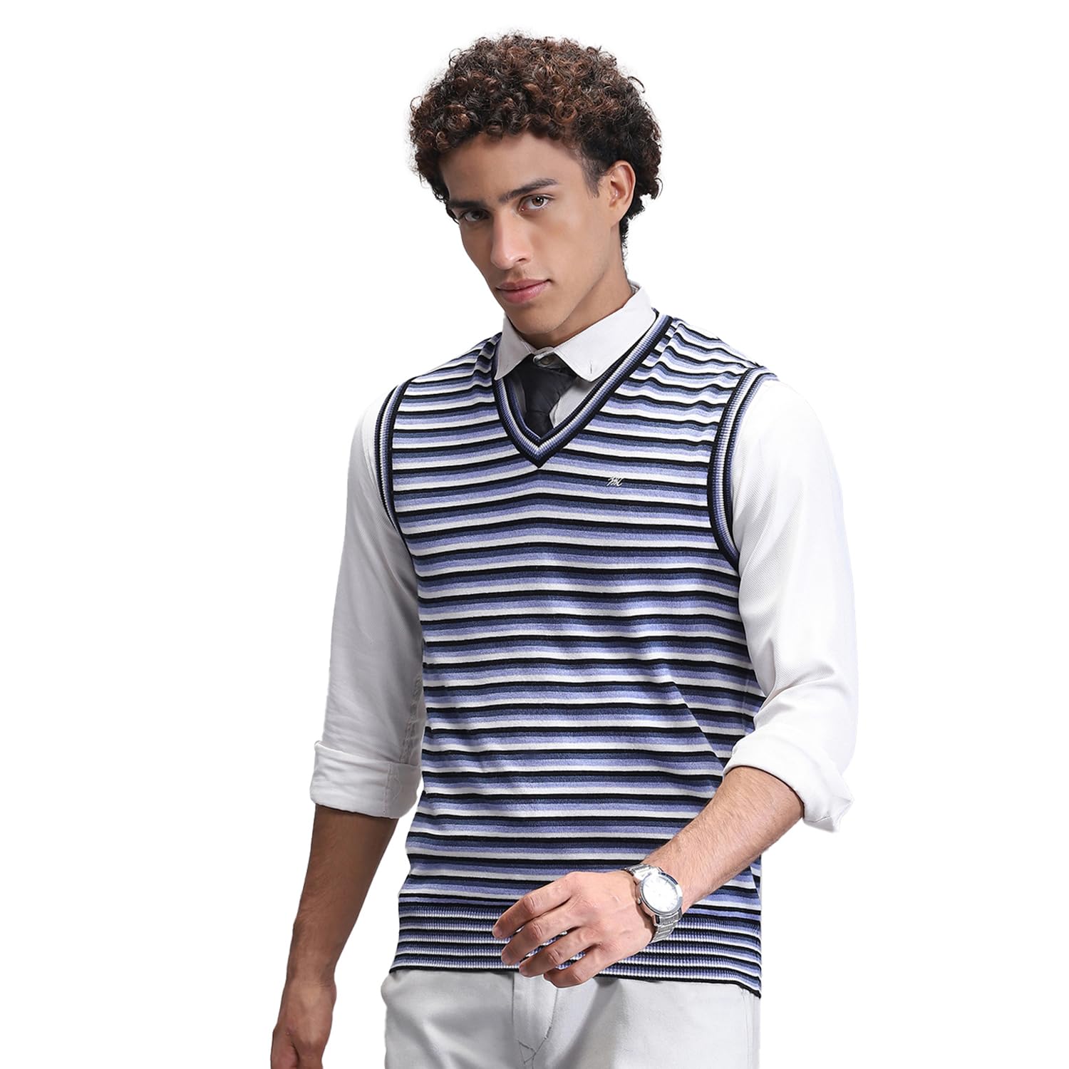 Mens Striped Navy Blue V Neck Sleeveless Sweater_1243363SL-1-36