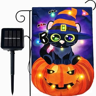Halloween Lighted Garden Flag for Outside - Double Sided 12x18 Inch Pumpkin and Black Cat Outdoor Yard Flag for Patio, Lawn Garden Decorations