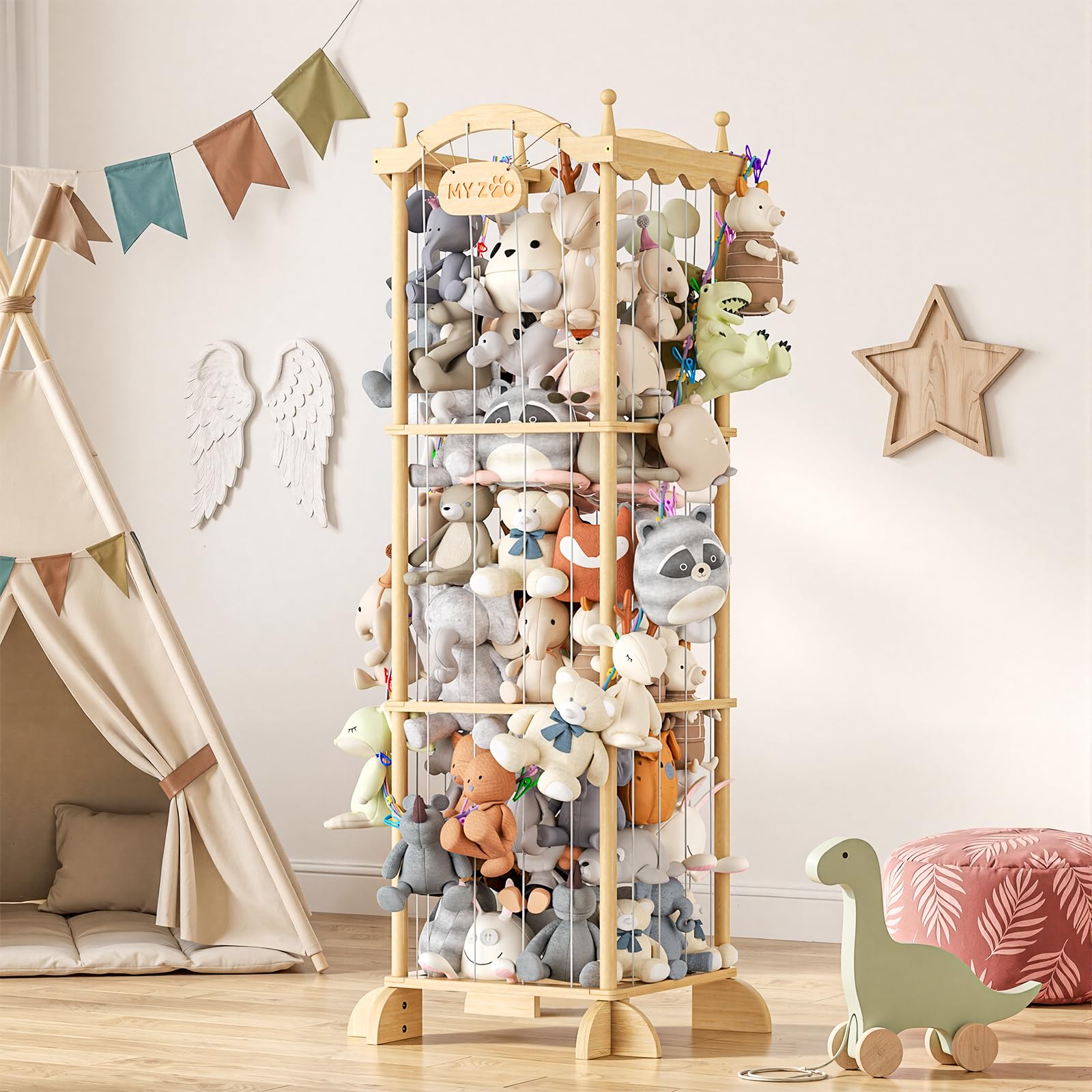 COSYLAND Organizer Peluche per Bambini in Legno di Pino, 141 x 55 x 49 cm | Corde elastiche per prendere e riporre i peluche, struttura verticale salvaspazio