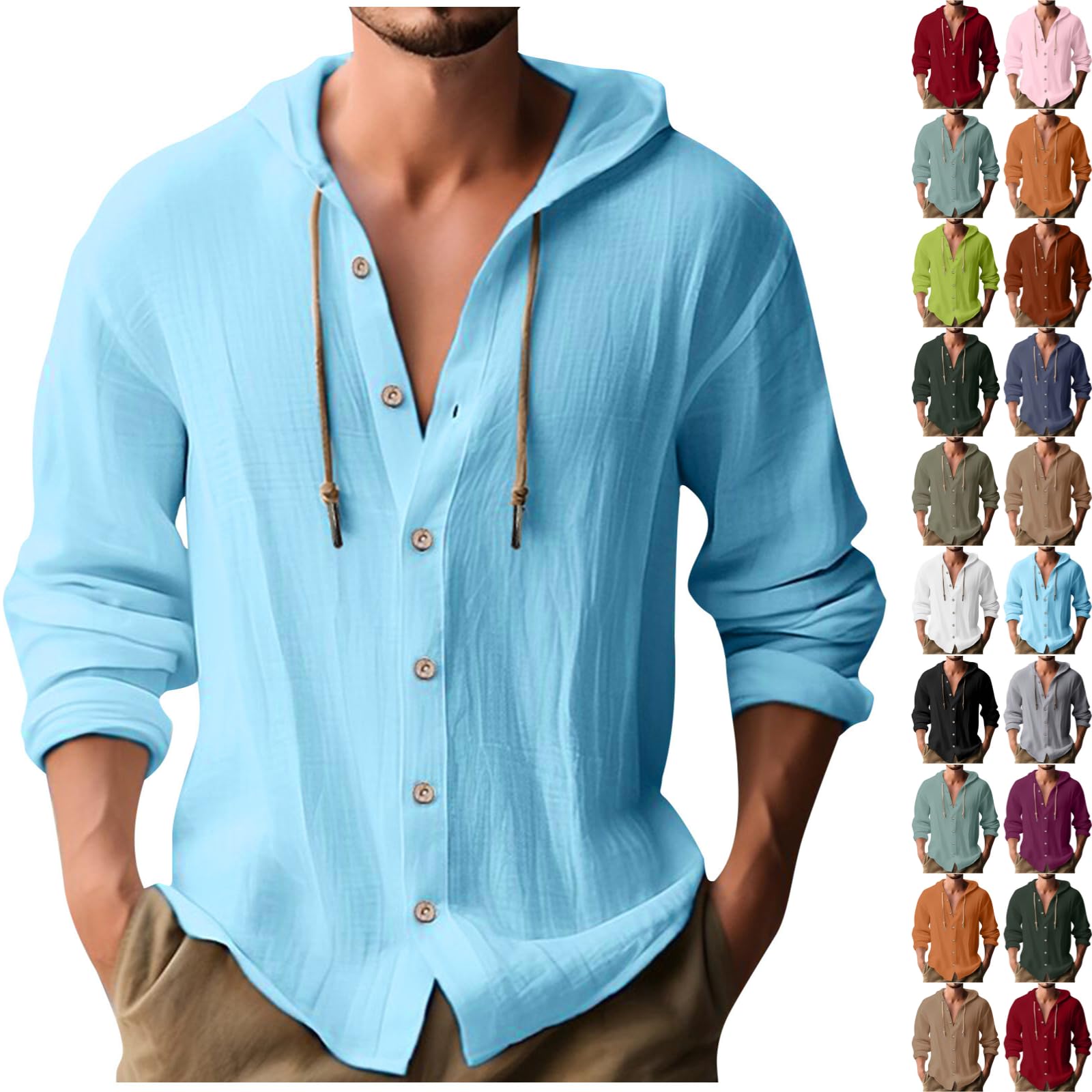 Mens Linen Shirt Casual Lightweight Mexican Guayabera Button Up Beach Summer Hoodie Travel Long Sleeve Hawaiian Shirt