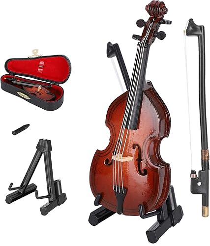 Miniatura 1 de Adorno de bajo miniatura de madera de 3.9 in con soporte, arco y estuche, mini réplica de instrumento musical coleccionable modelo de casa de