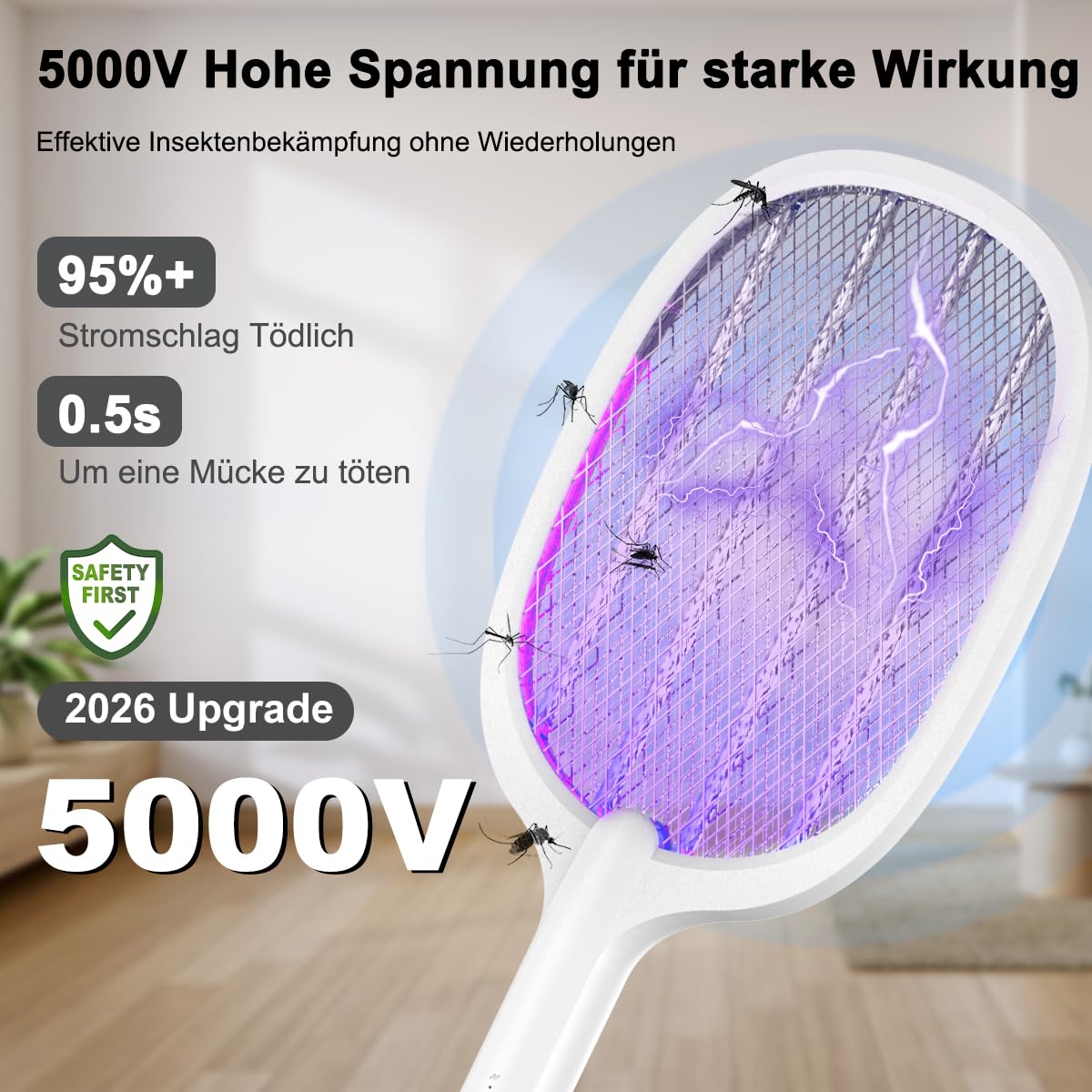 Raquette Electrique Insectes 5000V 2000mAh Anti Moustique UV USB-C Rechargeable 2 en 1 Intérieur Extérieur