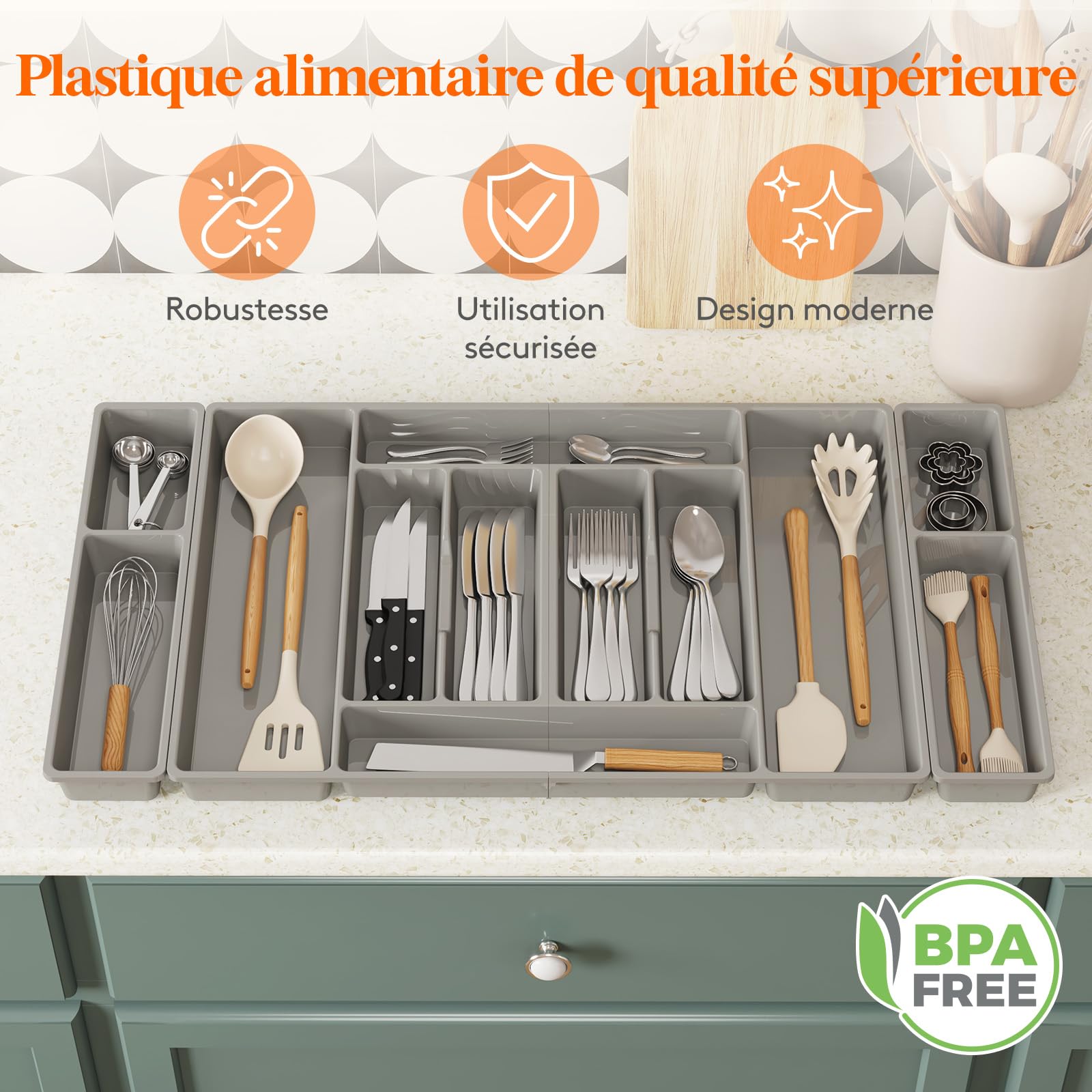 Lifewit Organisateur Couverts Cuisine, 81.6 × 42 cm Rangement Couverts pour Tiroir de 90 cm, Porte-Ustensiles de Cuisine Amovible, Plastique Support Argenterie, Couteaux, Bureau Accessoires, Gris