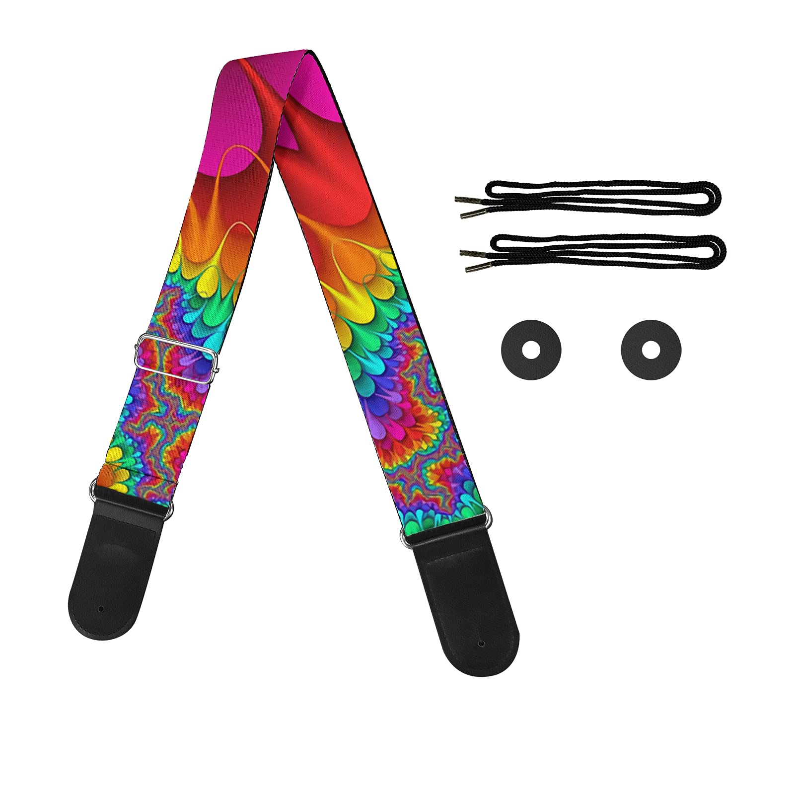 Jeiento Guitar Strap Leather Acoustic Pu Leather Polyester Fiber Guitar Strap Easy to Clean Abstract Rainbow Pattern