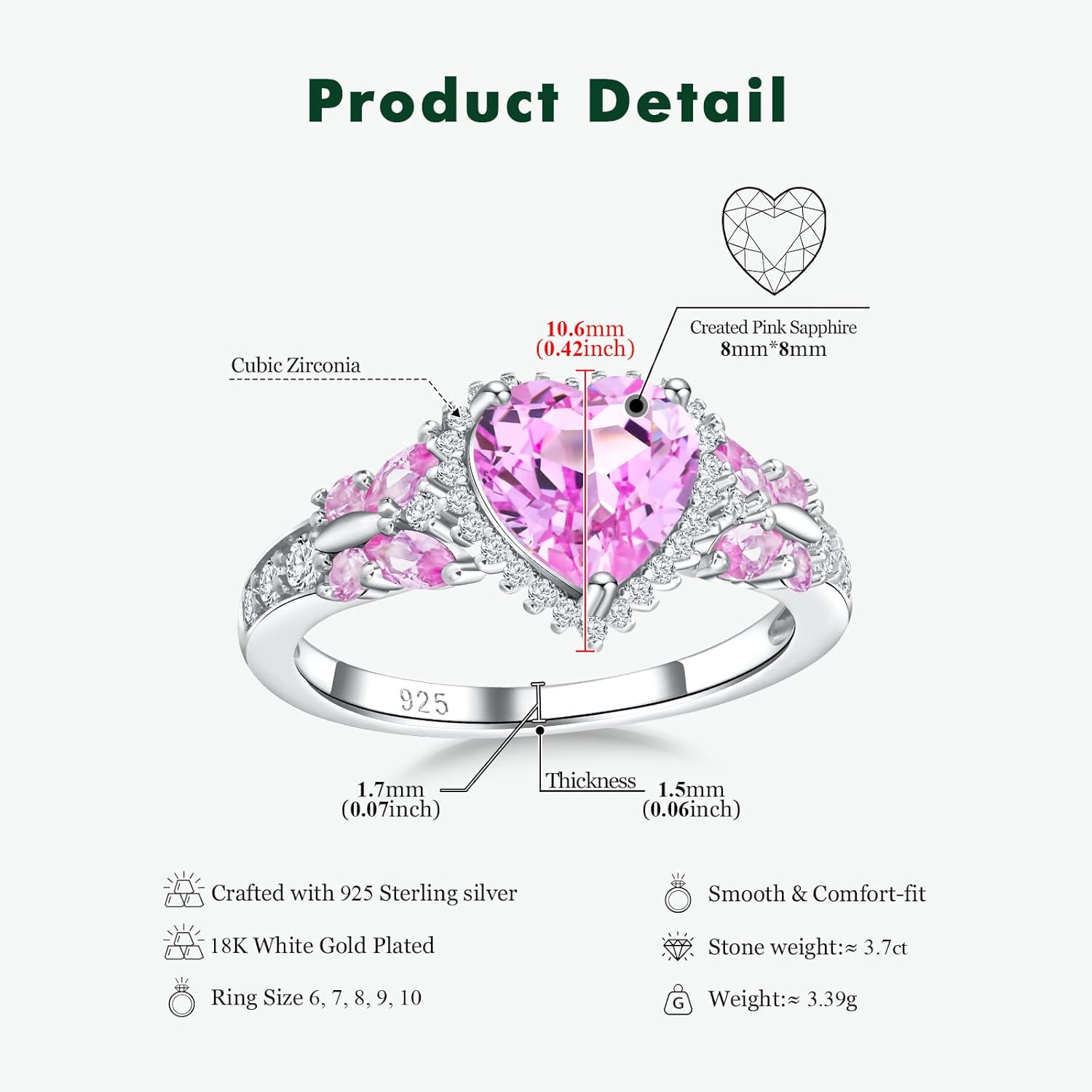 Sterling Silver Butterfly Birthstone Rings for Women, 3 Carat Created Gemstone Diamond Heart/Pear Engagement Halo Ring, Promise Rings for Her, Wedding Anniversary Jewerly Size 6 to 10 - Image 6