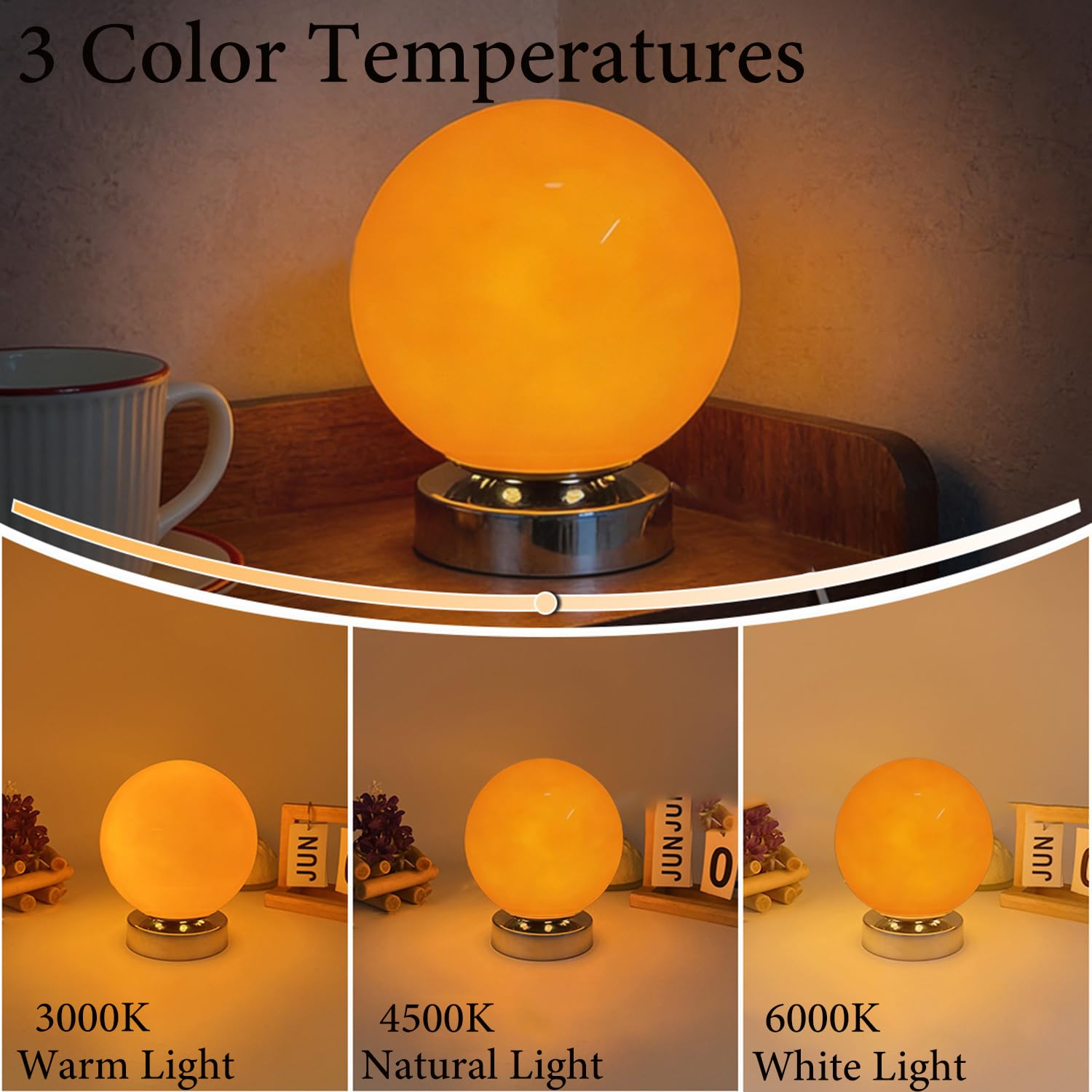 OOWOKS Glaskugel Tischlampe Kabellos Touch Steuerung USB Aufladbar 3 Farbtemperaturen dimmbare LED Nachttischlampe mit Akku Metall Sockel Kugel Deko Tischleuchte für Schlafzimmer Kinderzimmer,Orange