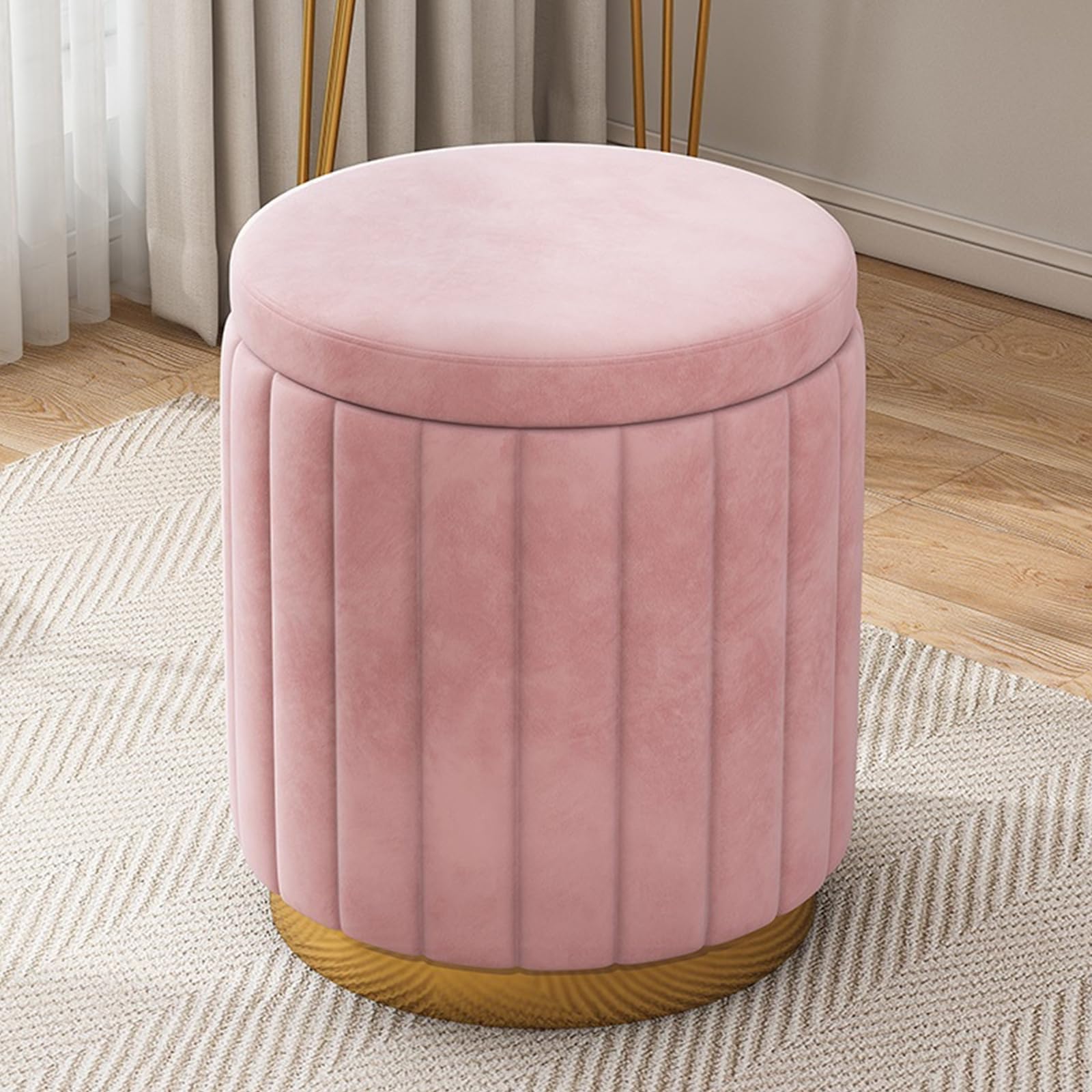 JIXDILO Round Velvet Storage Ottoman, Soft Upholstered Vanity Stool with Removable Lid and Gold Plating Base, Modern Entryway Foot Stool for Living