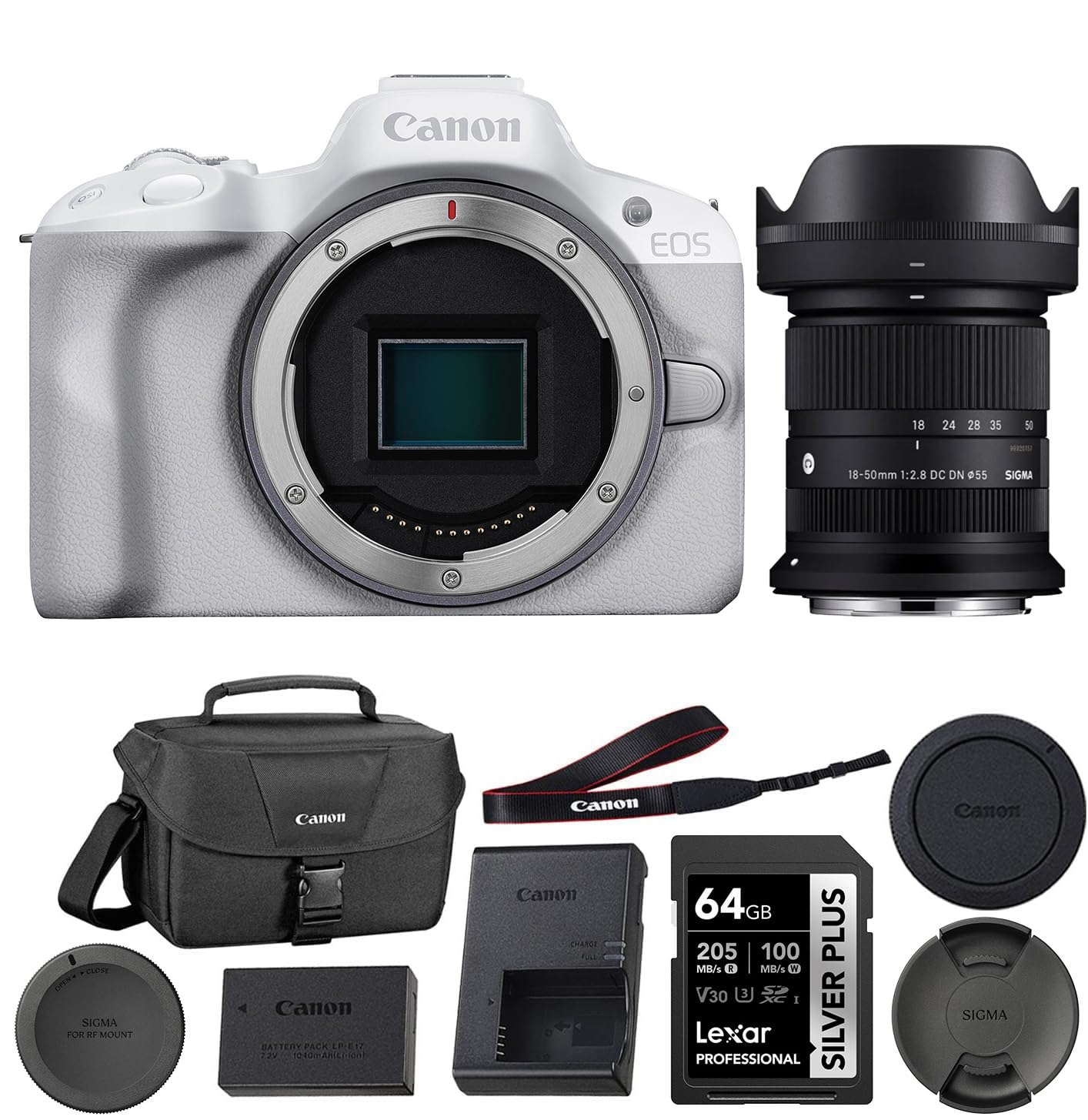 Canon EOS R50 Mirrorless Camera | White Bundle with Sigma 18-50mm f/2.8 DC DN Contemporary Lens + 64GB Memory Card + Camera Bag (5 Items)
