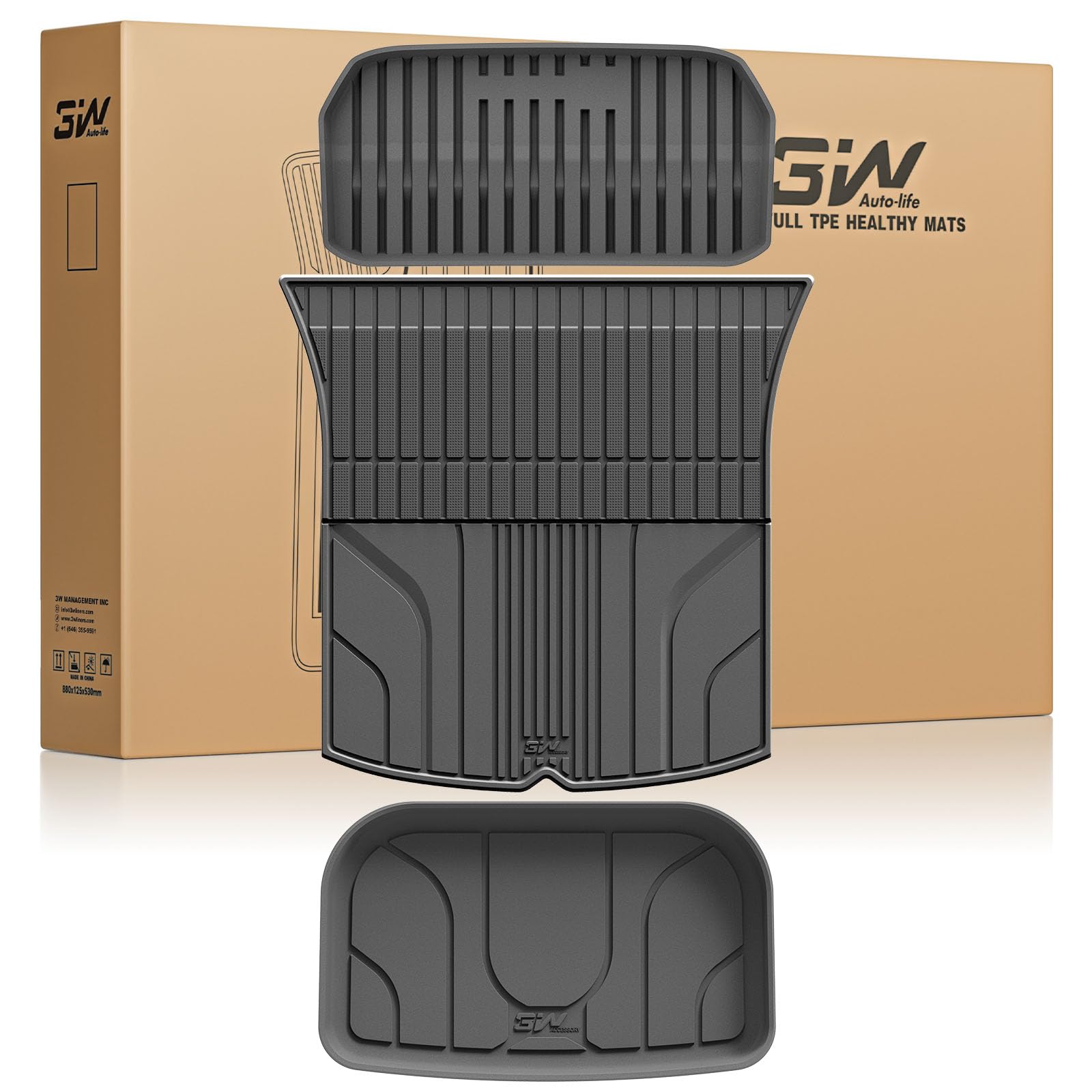 3W Kofferraumwanne für Tesla Model Y 2020-2024 3-teilige, TPE Allwetter Maßgeschneiderte Kofferraummatte Komplettset Tesla Model Y Auto Kofferraum Zubehör, Wasserabweisend & Pflegeleicht