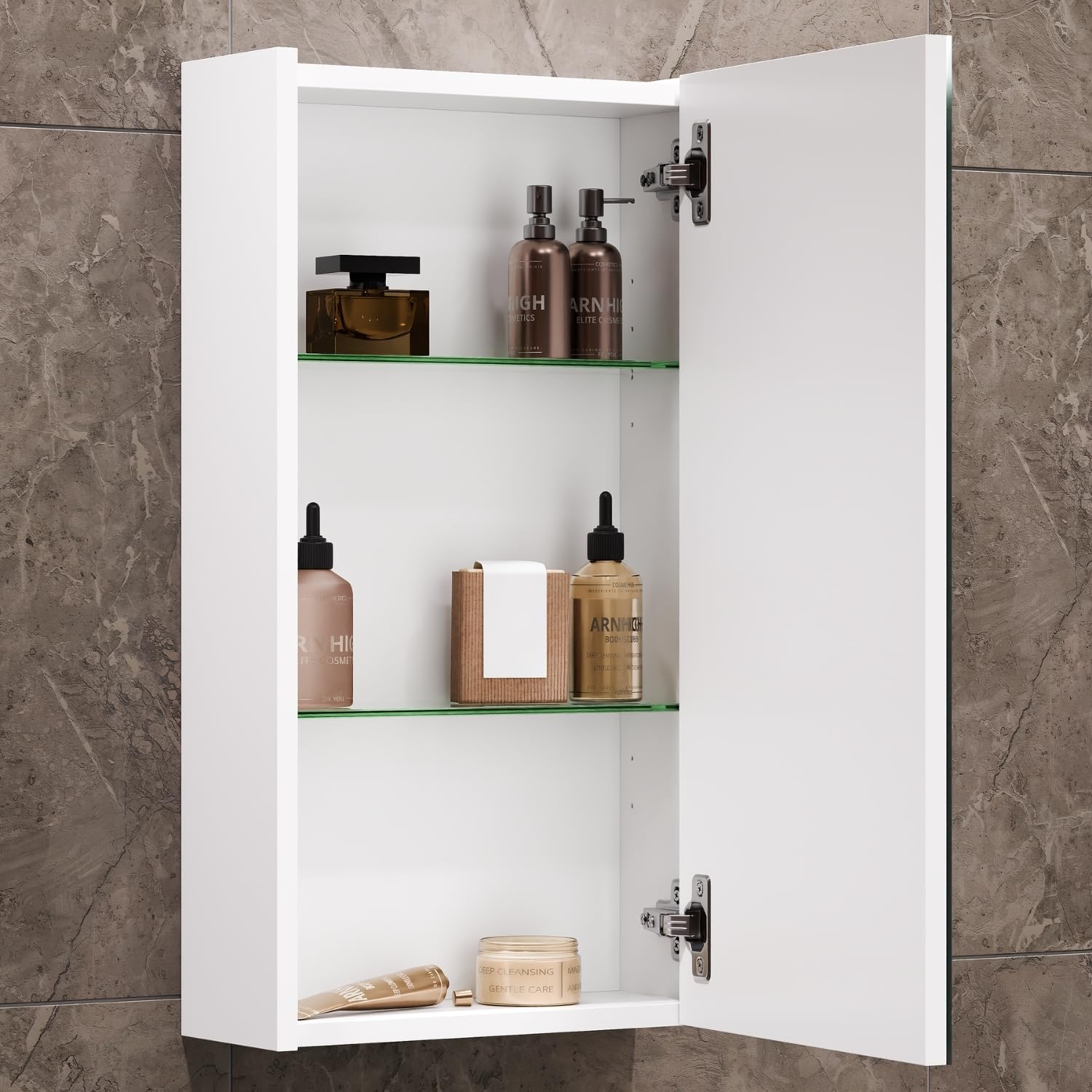 Planetmöbel Spiegelkast Badkamer 40 cm, Badkamerkast, Badkamermeubel met deur en 2 glazen legplanken, 39,6 x 67,7 x 13,8 cm, wit mat