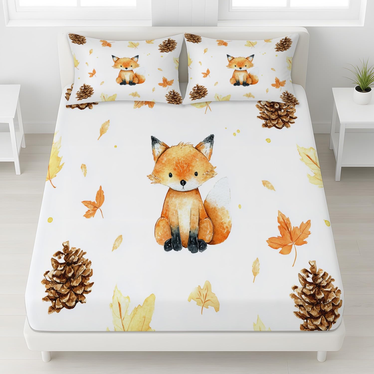 Herbst Fuchs Spannbetttuch Minimalistisch Ländlich Kiefernzapfen Fuchs Spannbettlaken 200 x 200 x 30 cm 3teilig Mikrofaser Bettwäsche Set mit 2 Kissenbezüge 80 x 80 cm Kein Flachbettlaken