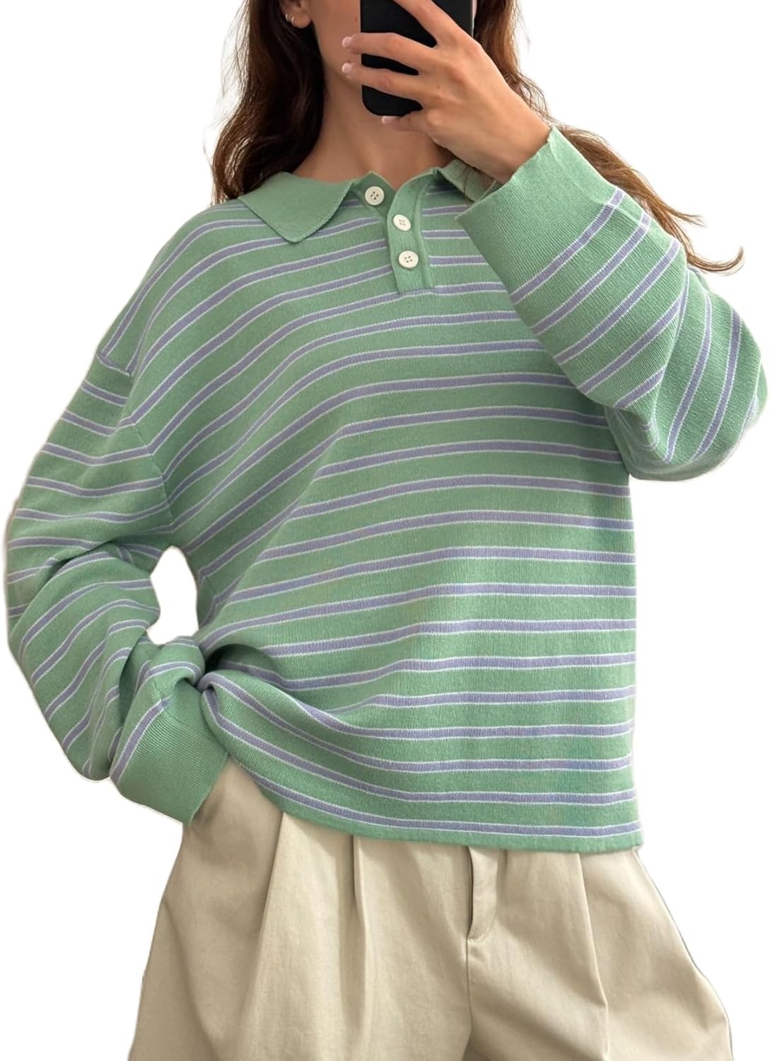 Y2k Striped Rugby Shirt for Women Long Sleeve Collared V Neck Preppy Polo Sweatshirt Casual Oversized Pullover Tops