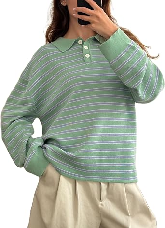 Y2k Striped Rugby Shirt for Women Long Sleeve Collared V Neck Preppy Polo Sweatshirt Casual Oversized Pullover Tops