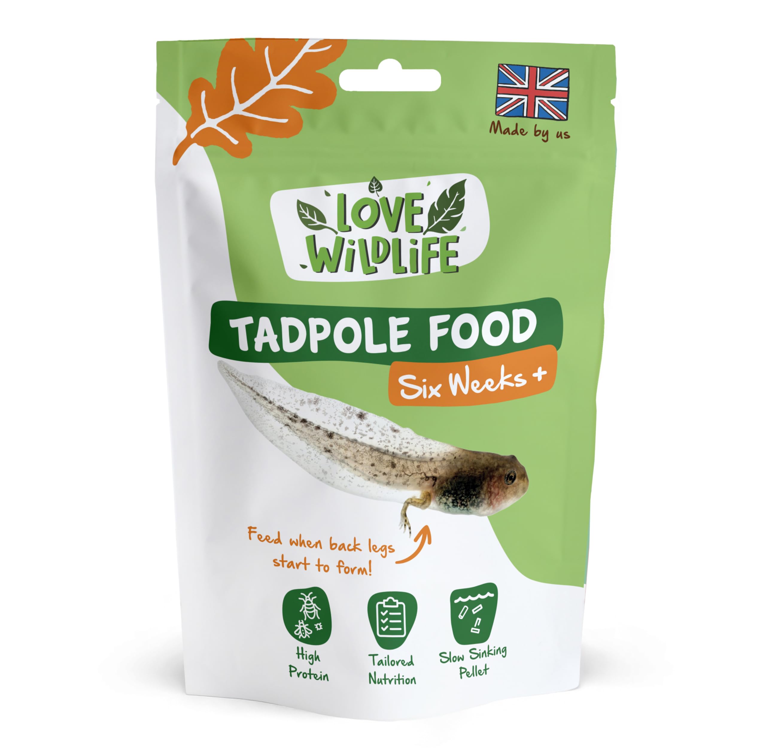Love Wildlife Tadpole Six Week+ 80g | 100% Natural Probiotic Sinking Pellets for Frogs, Toads, Newts, High Protein, Insect & Vegetable Based
