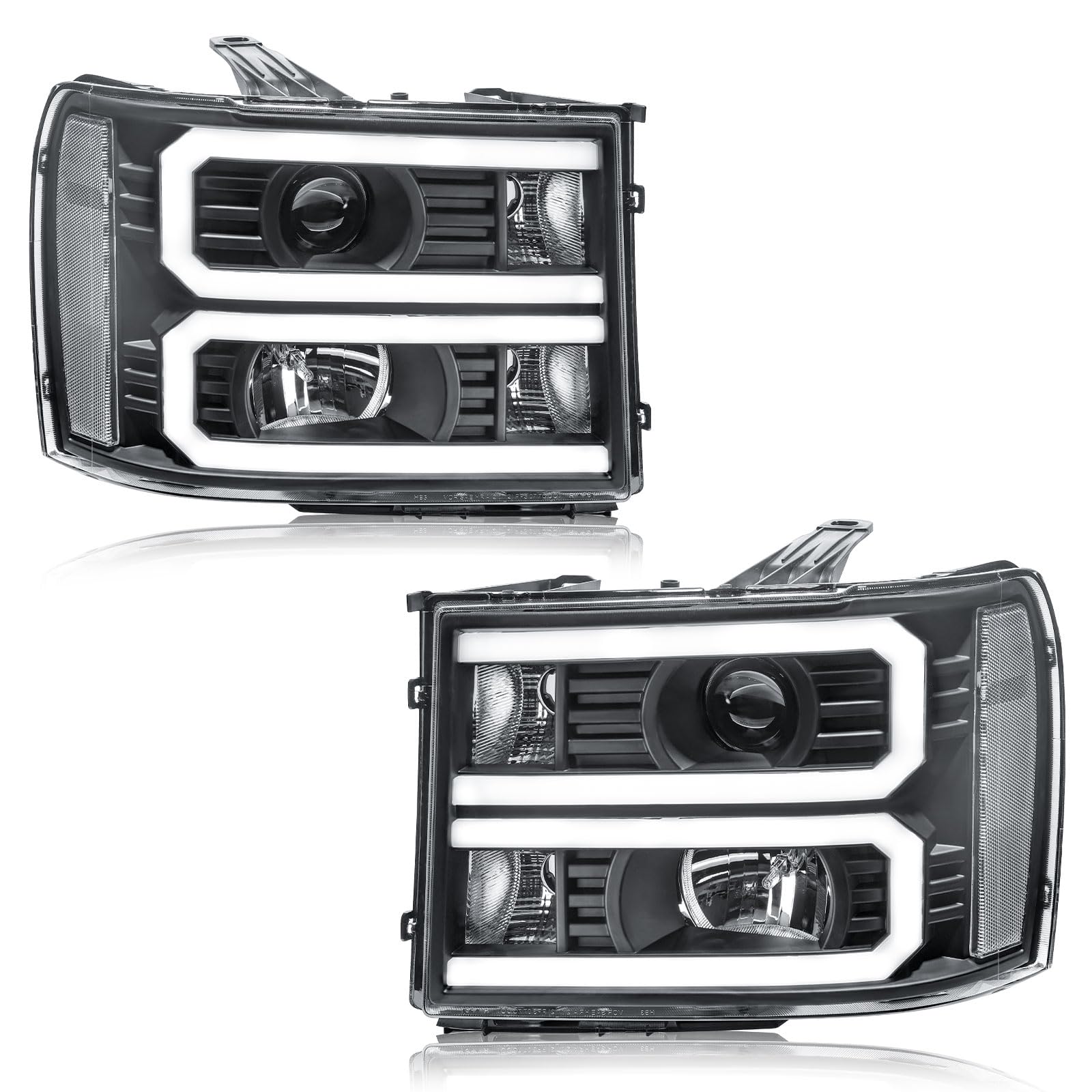 Photo 1 of Fullux LED DRL Headlights for 2007-2013 GMC Sierra 1500 2500HD 3500HD No Classic Front Lights 2PC Replacements Front Left Right Side Headlamp Black Housing Clear Reflector 07-14