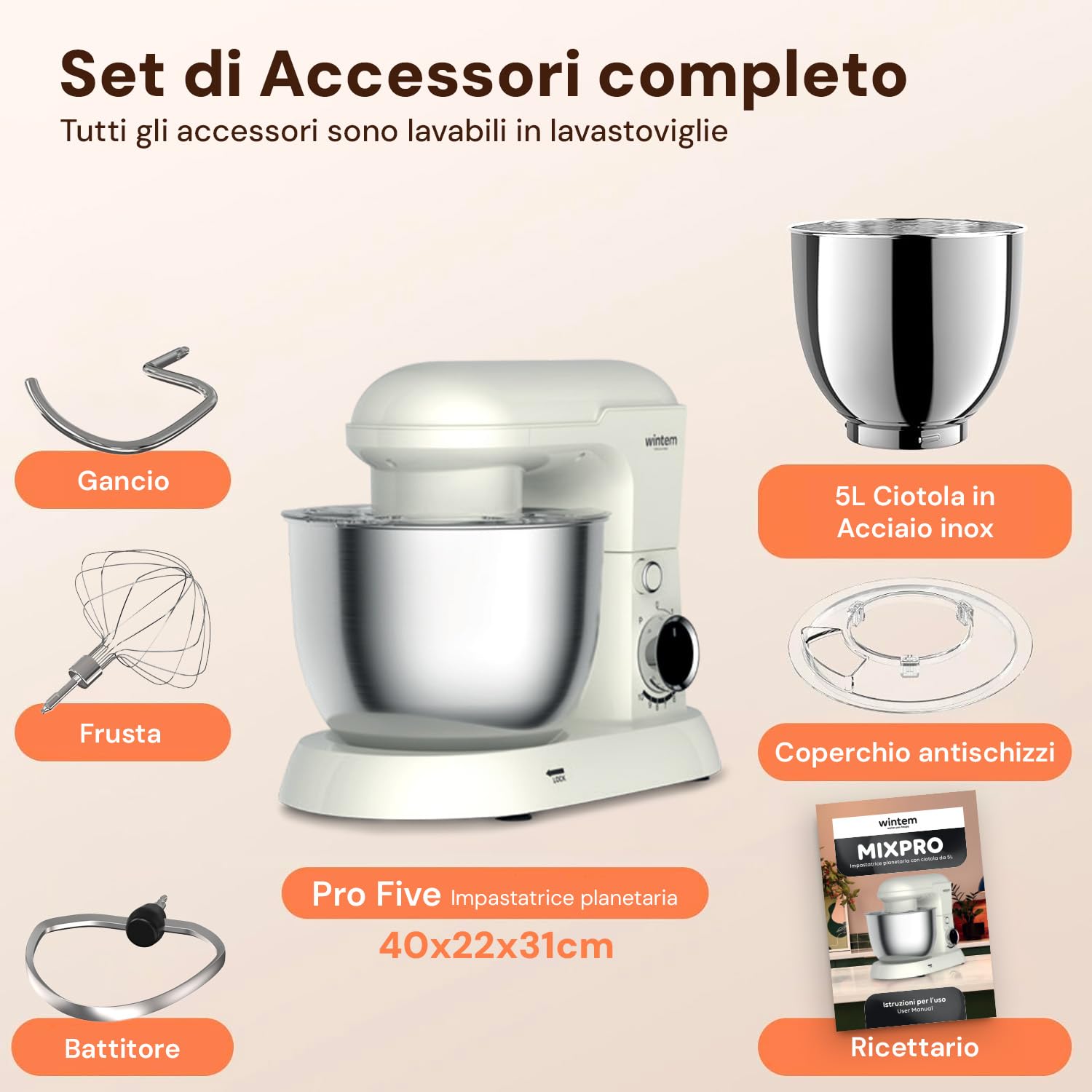 Wintem - Planetaria Silenziosa Multifunzione 1500W con Ricettario e Accessori Inclusi, Ideale per Impasti Dolci e Salati, Mixer con 10 Velocità e Funzione Pulse, Ciotola Acciaio 5L