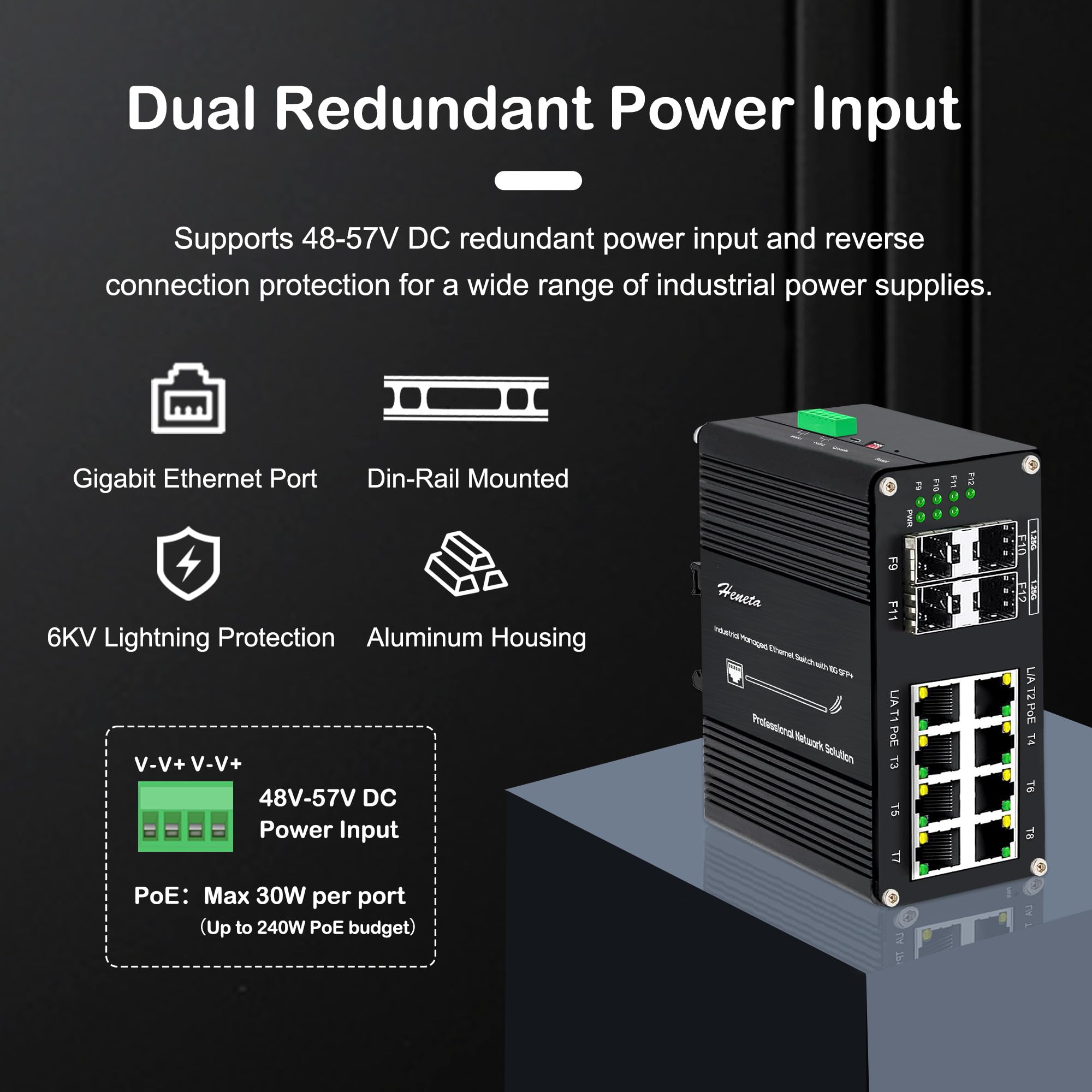 PoE+ Switch 12 Ports, Industrie L2+ Managed Switch Gigabit Netzwerk Switch, 4X 1,25G SFP Ports, 8X Gigabit PoE+ Ports mit 240W Budget, IEEE802.3af/at, Plug & Play, 48–57 V Gleichstrom-Eingang