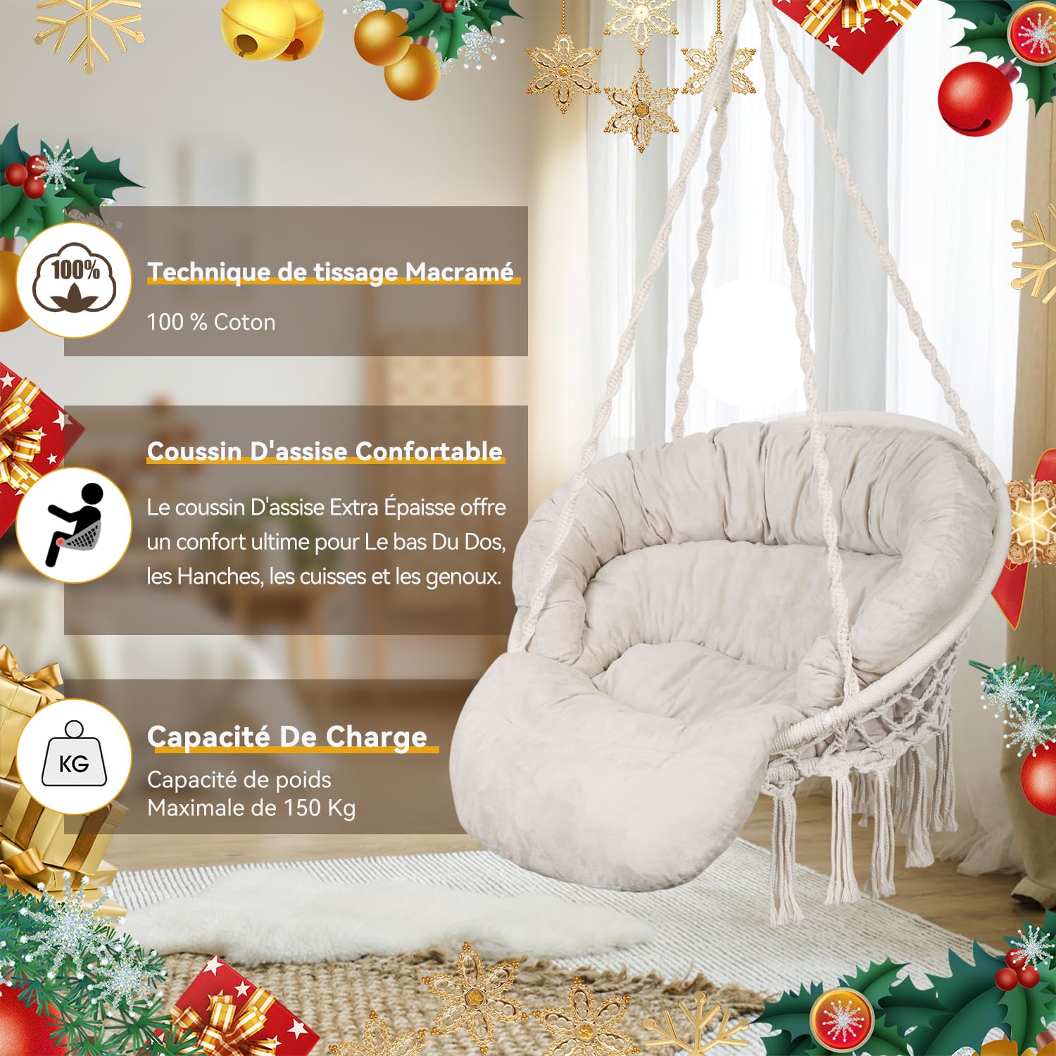 Bathonly Fauteuil Suspendu, Capacité 150 kg, Chaise Coton avec Coussin, Chaise Pivotante en Macramé, Faite à la Main avec Kits de Matériel de Suspension, Bohème, Jardin, Intérieur, Extérieur, Beige