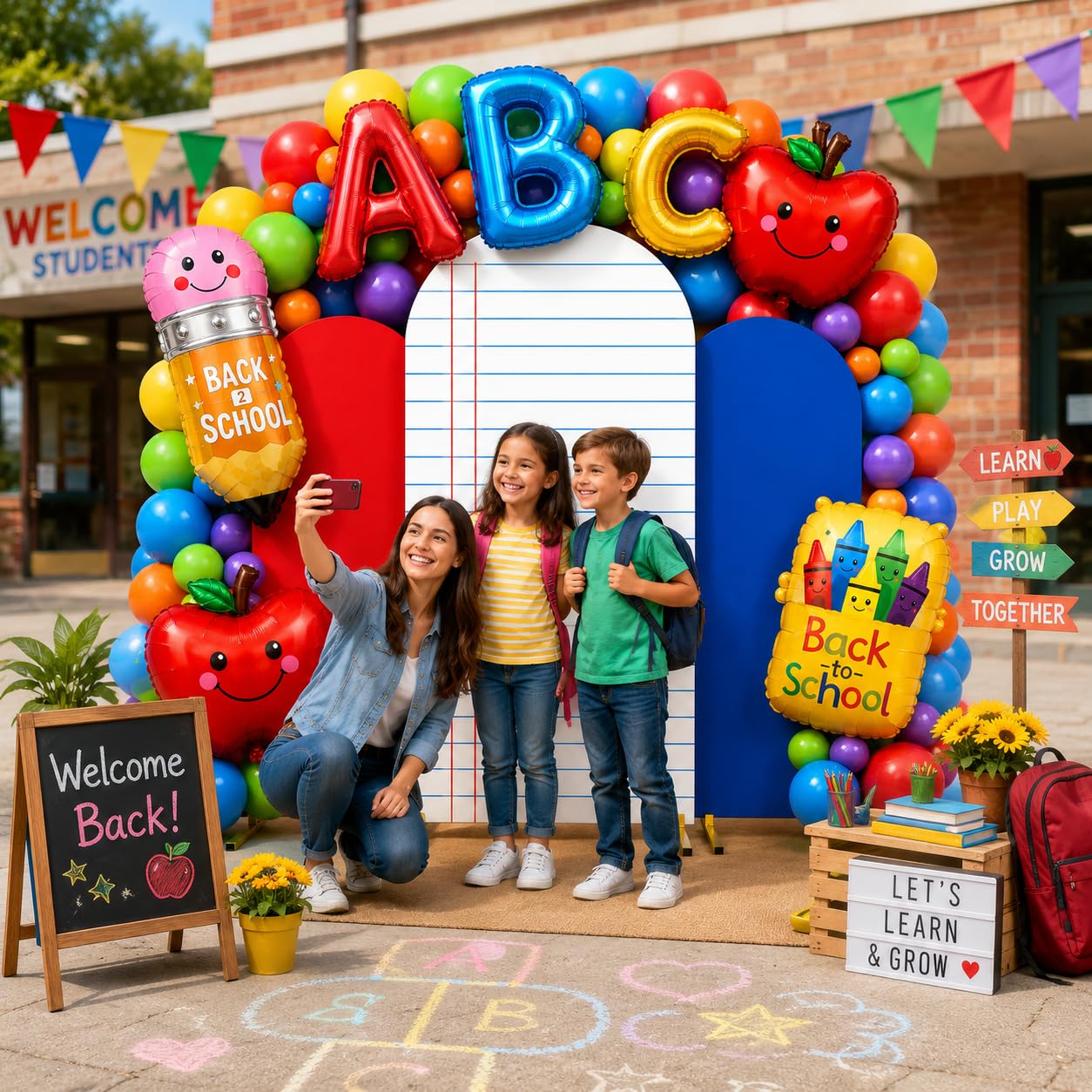 Cinrobiye Juego de 56 piezas de telón de fondo de arco de regreso a clases, composición de tela elástica, fundas de arco de cuaderno para marcos de 4 pies, 5 pies y 6 pies con 42 globos, decoración de