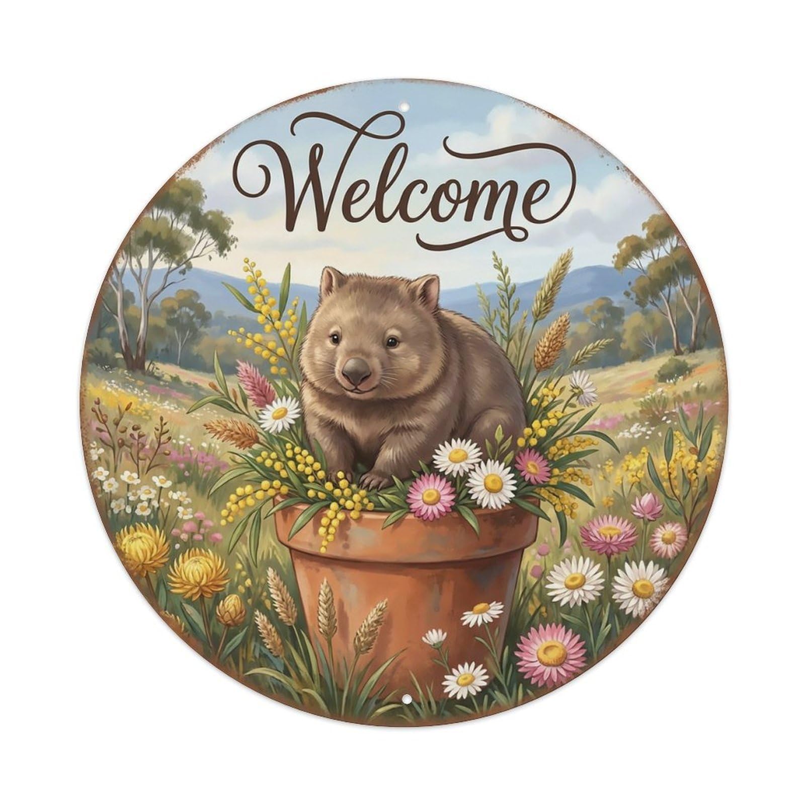 Welcome Wombat Wildflower Valley Metal Tin Sign