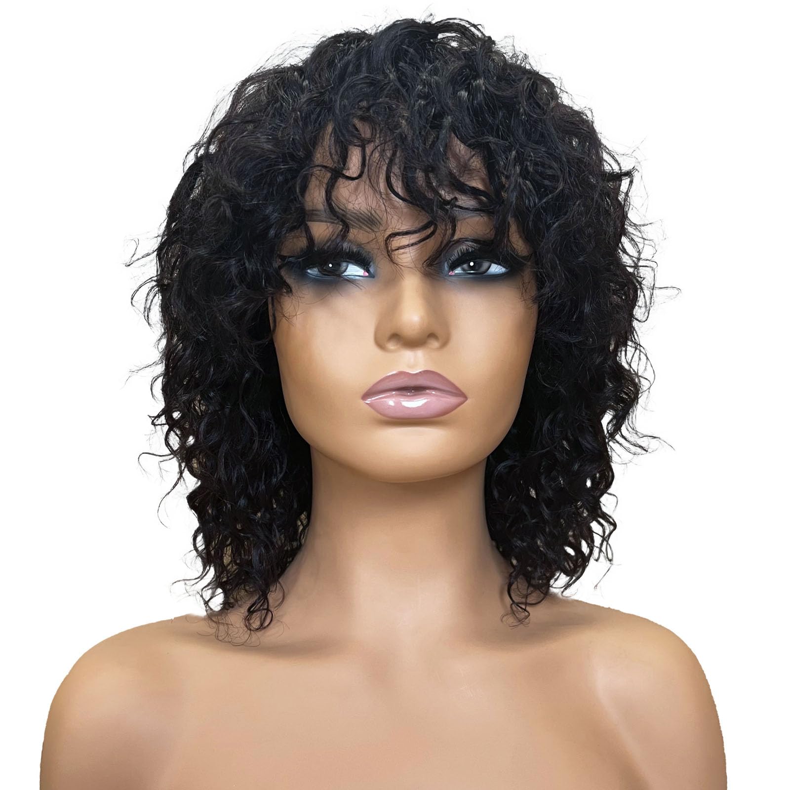 OnePart human wigs short water wave wig with bangs 100% brazilian virgin human hair wig wet and wavy machine made glueless for black women natural black 12 inch