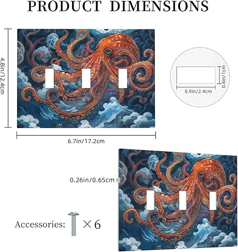 Miniatura 5 de Cubiertas decorativas para interruptor de luz de 3 segmentos, diseño de pulpo, monstruo, azul, olas marinas, 3 agujeros, placa frontal para