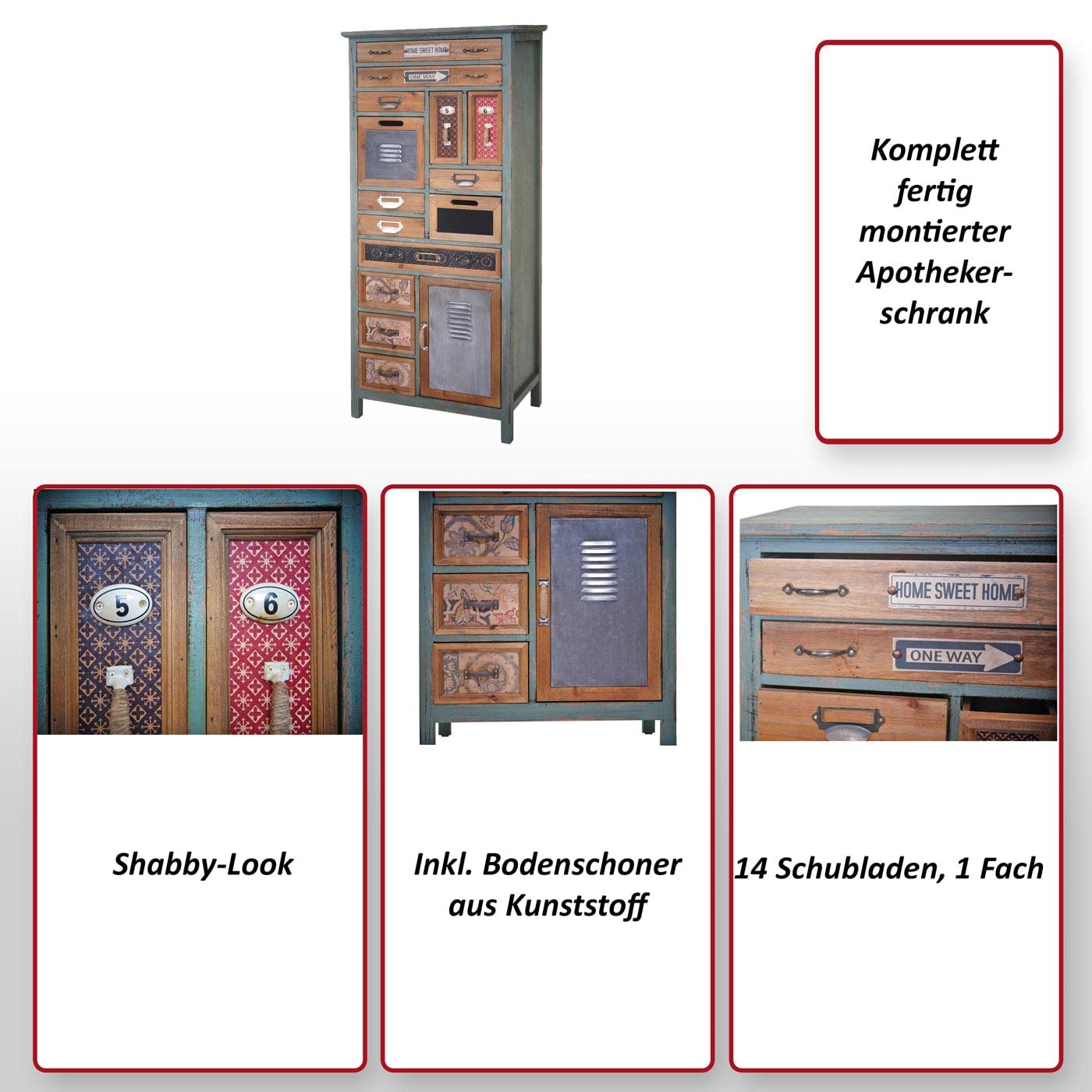 Mendler Apotheker-Schrank HWC-A43AM 138x57x32cm Tanne Vintage