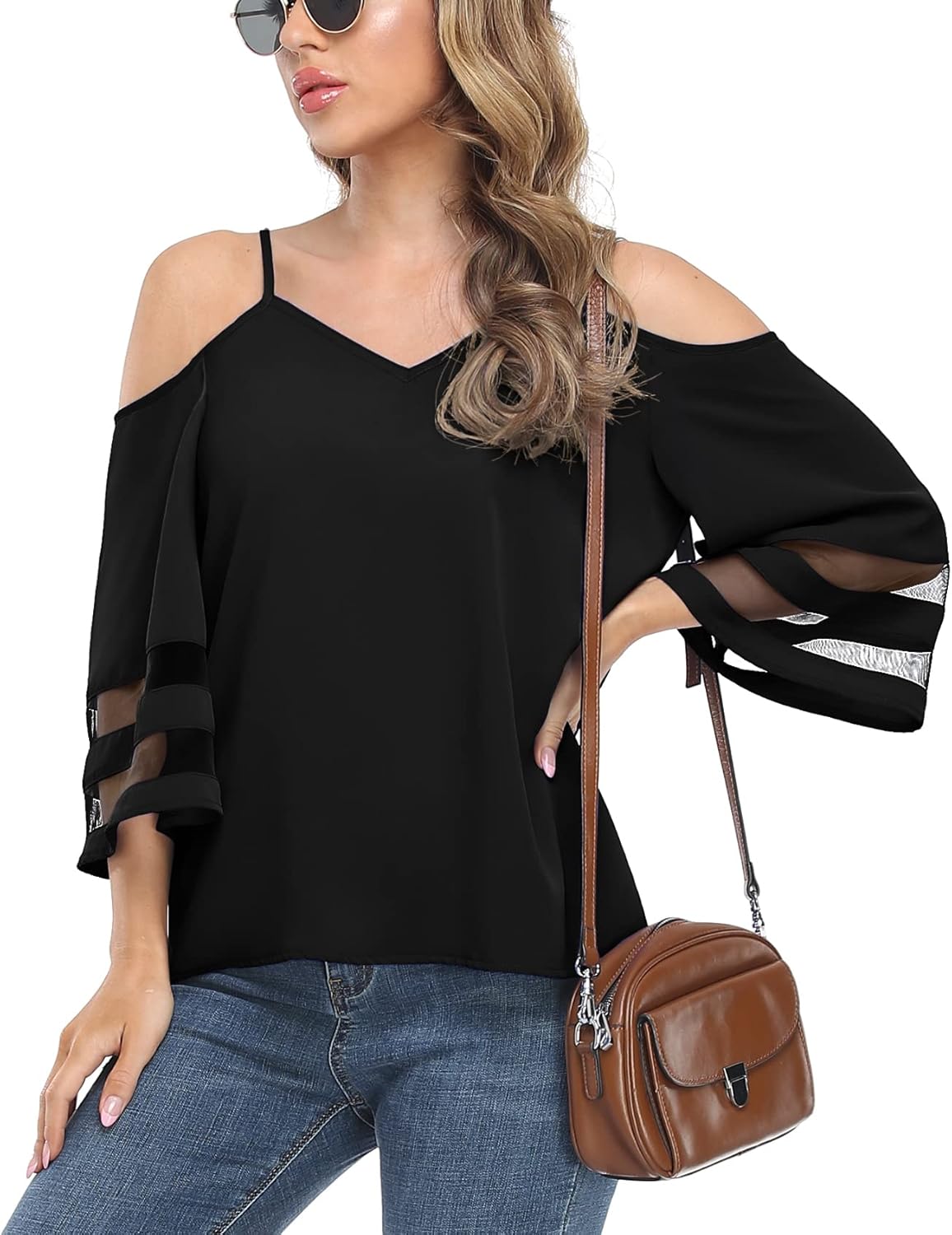Jouica Womens Summer Cold Shoulder Tops Mesh Panel 3/4 Bell Sleeve Tees Adjustable Spaghetti Strap Loose Fit Shirts - Image 3
