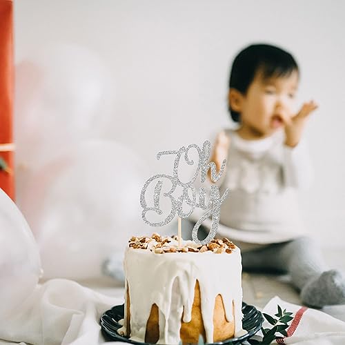 Miniatura 6 de Rsstarxi 1 paquete de decoración de pastel Oh Boy con purpurina Oh Baby Boy Cake Pick Baby Shower Cake Decor para temática de revelación de género,