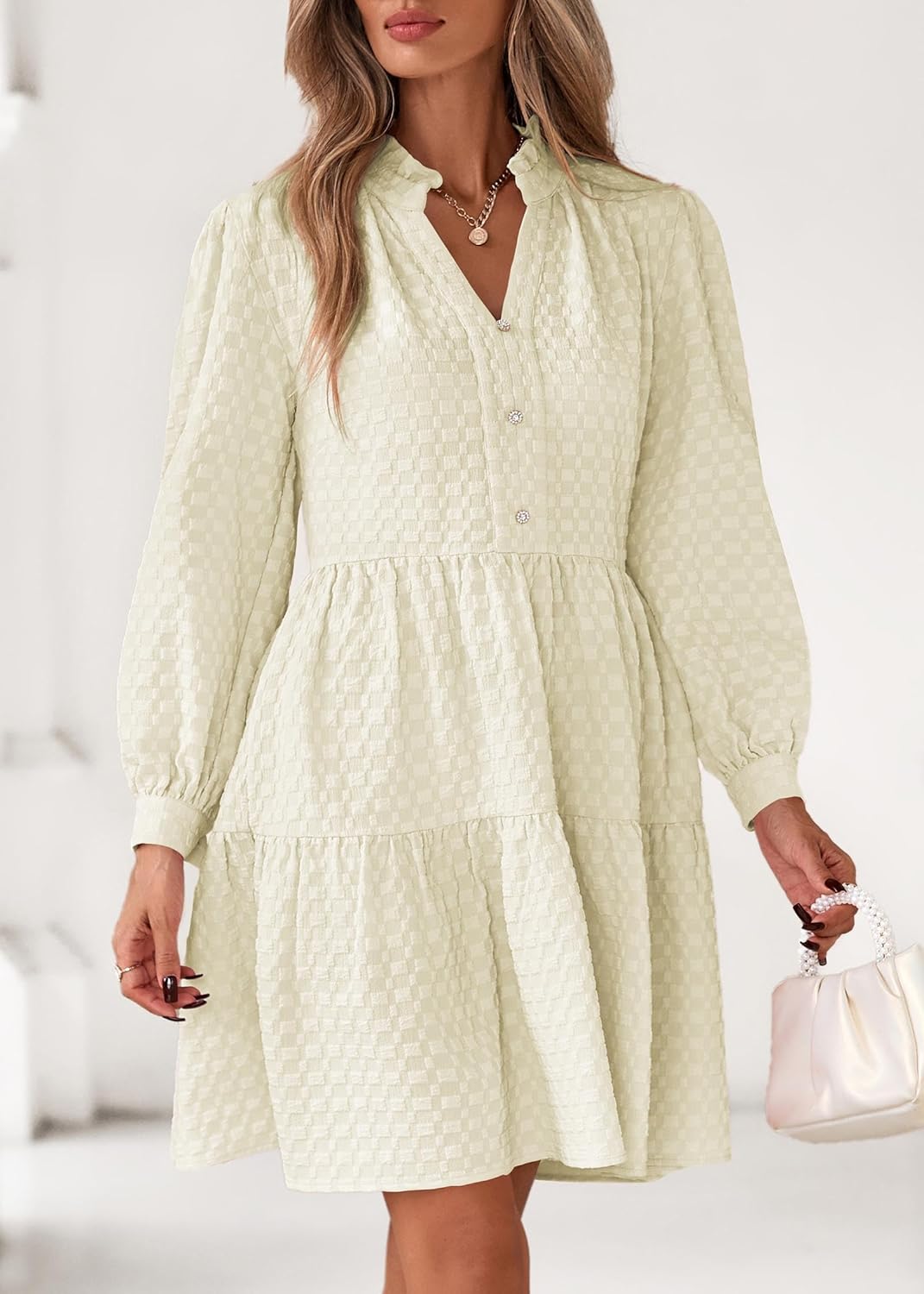 Lazysmile Dresses for Women Long Sleeve V Neck Button Down Ruffled Flowy Fall Casual Babydoll Tunic Dress - Image 5