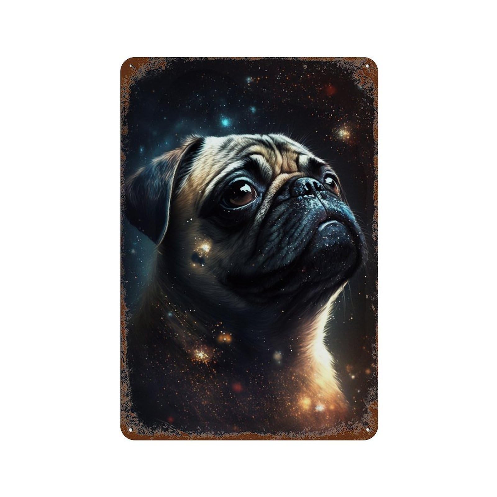 Vintage Rust Metal Sign with Space Pug Celestial Companion Design 11.8"x7.9", for Shed, Workshop And Garage Wall Decor, Retro Wall Decor