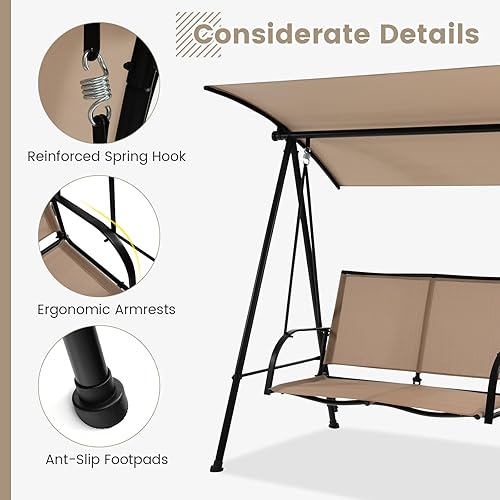 Miniatura 6 de HAPPYGRILL Columpio de porche para 2 personas con toldo, silla de columpio para patio al aire libre con marco de metal resistente, tela de asiento