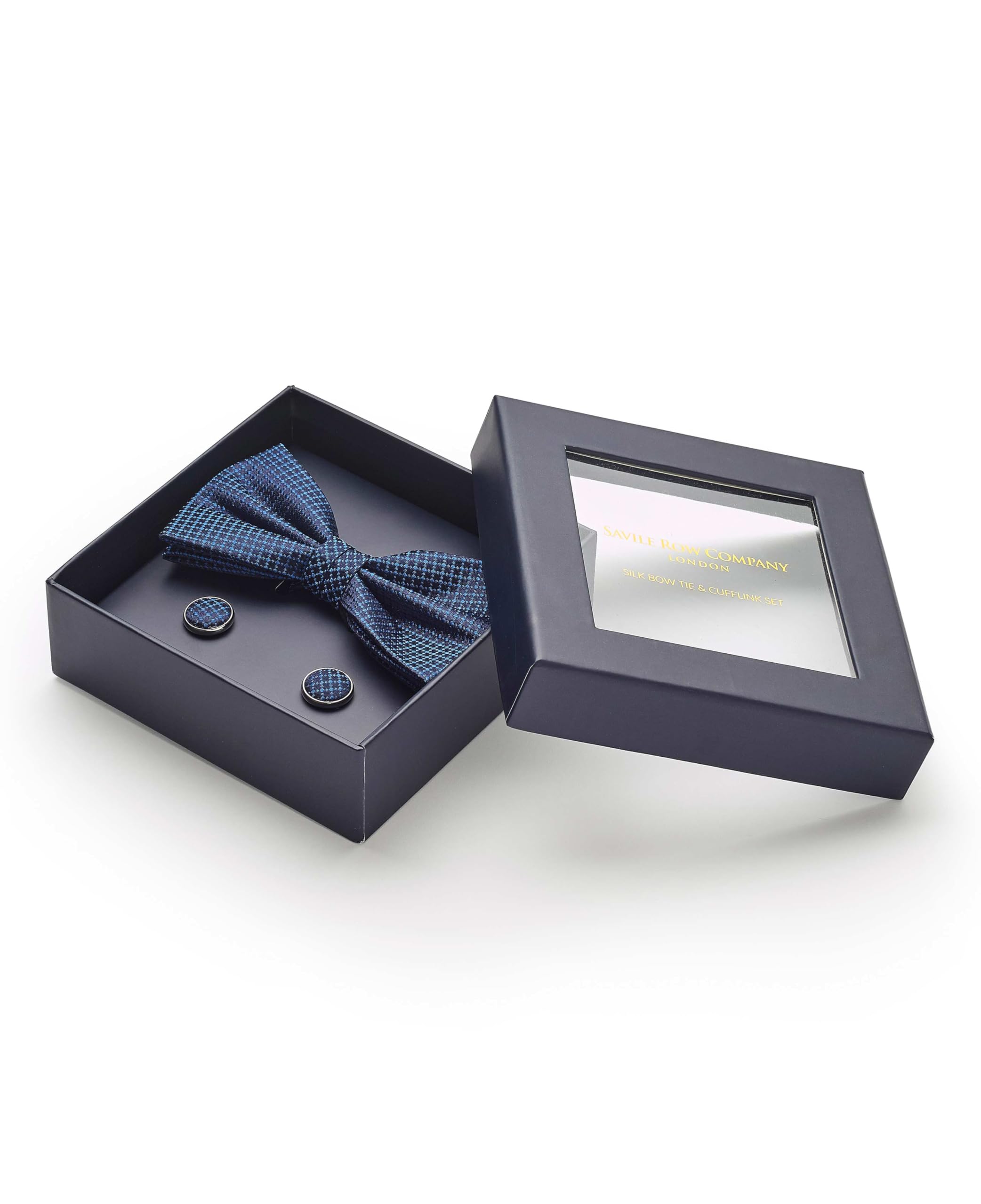 THE SAVILE ROW COMPANY LONDON Men's 100% Silk Ready Bow Tie & Cufflink Gift Set - Blue Abstract